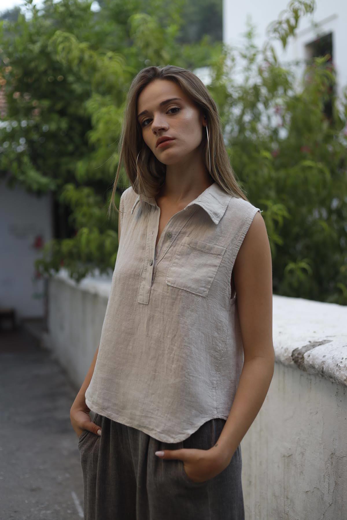 Krem Rengi Gömlek Yaka Kolsuz Keten Bluz