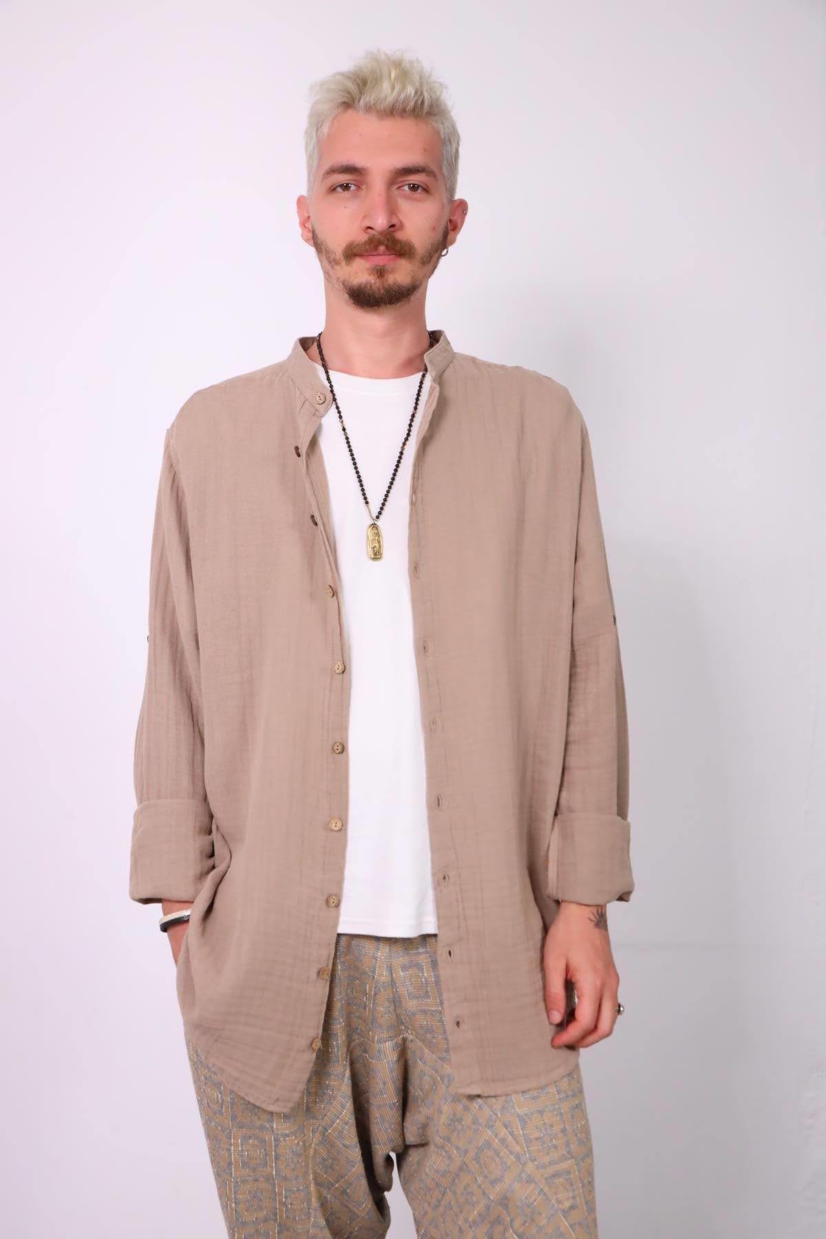  Vizon Rengi Hakim Yaka Müslin Erkek Gömlek