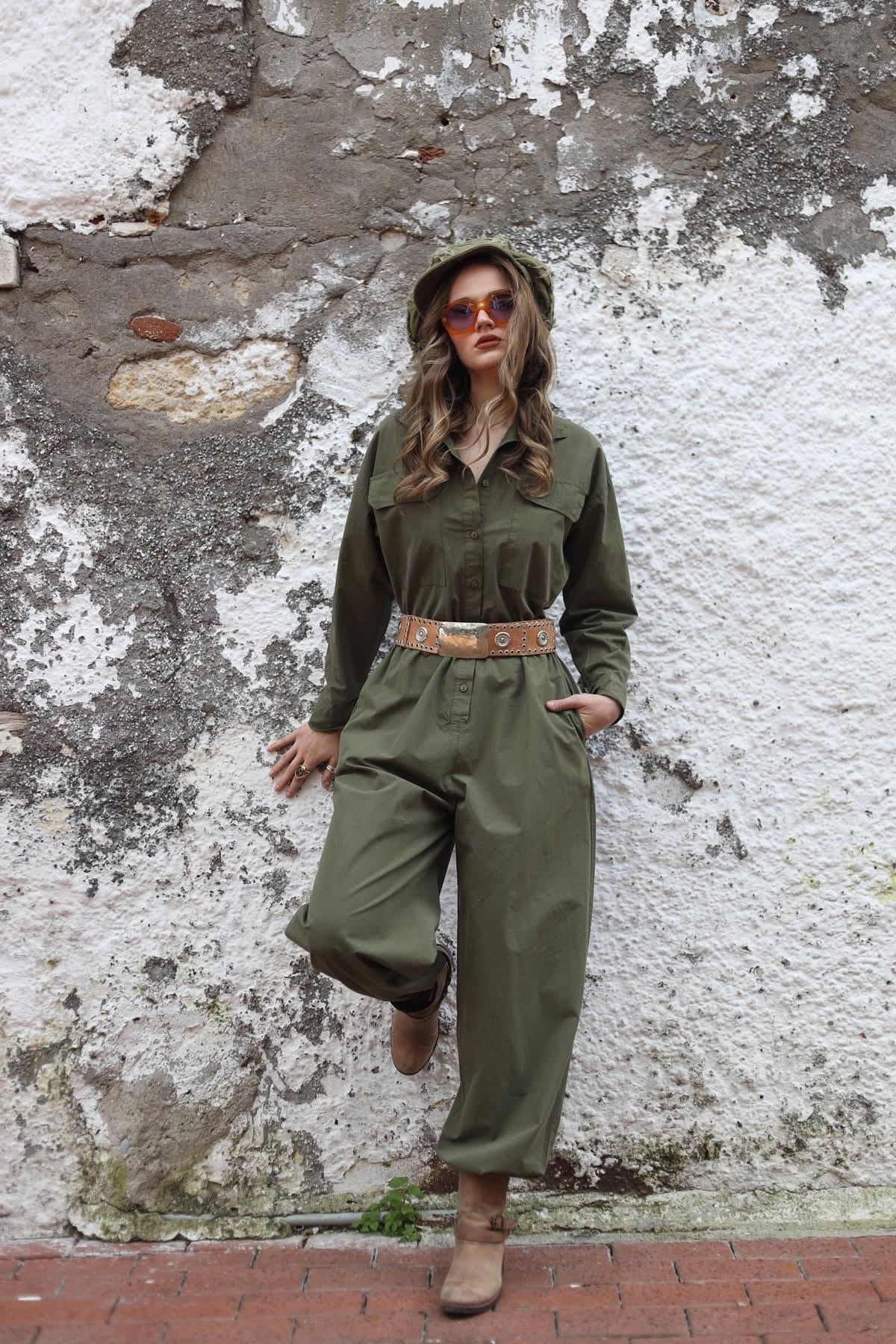 Khaki Double Pocket Elastic Cuff Jumpsuit
