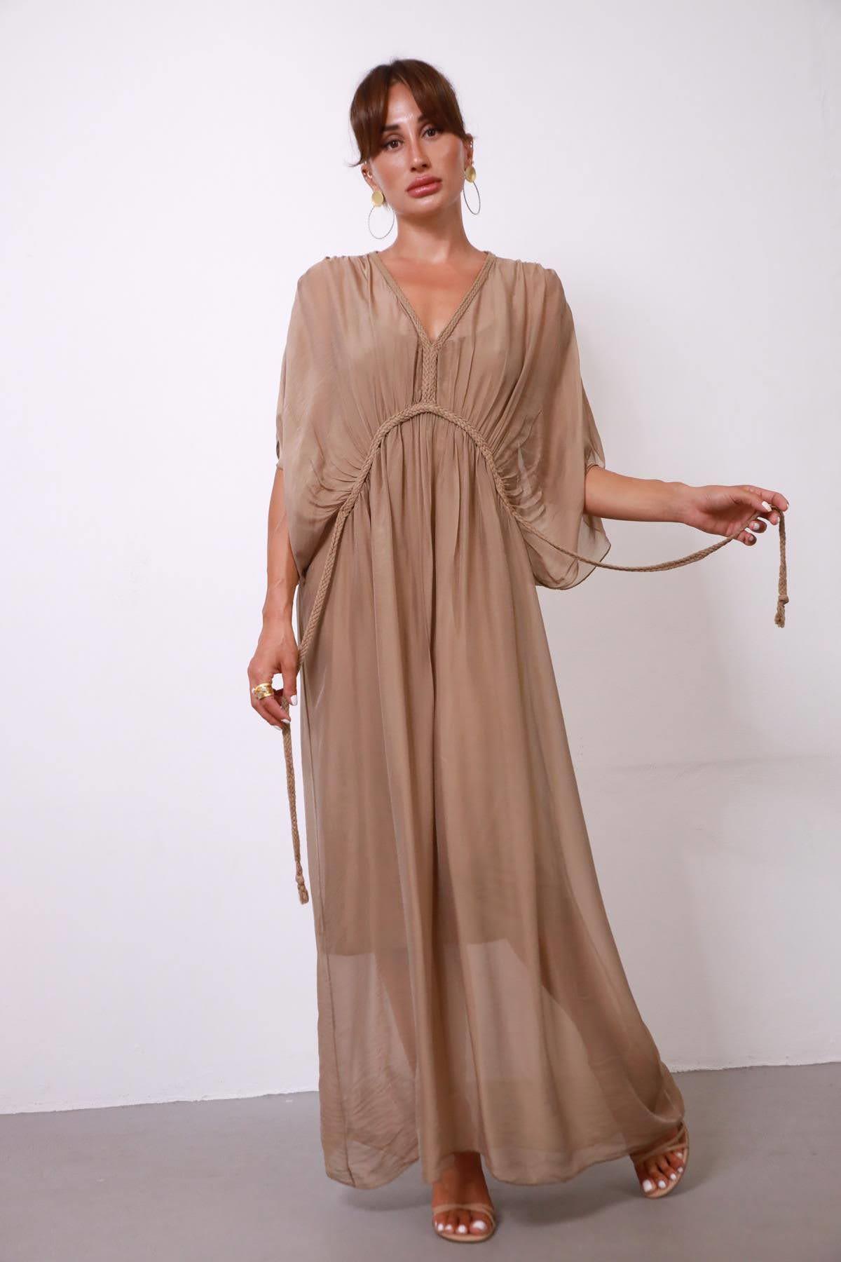  Sütlü Kahve Örgü Detaylı Astarlı İpek Elbise