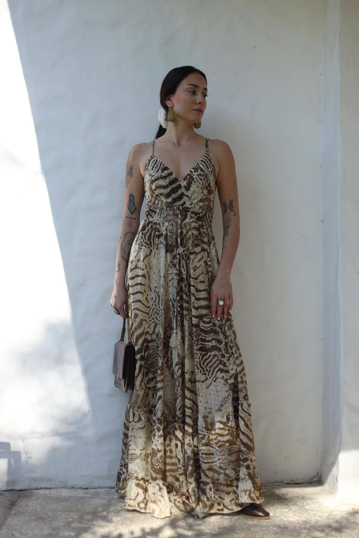 Vizon Rengi Sırtı Gipeli İp Askılı Pamuklu Otantik Elbise