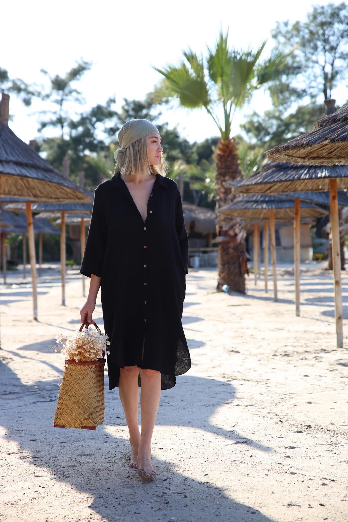 Siyah Apoletli Müslin Gömlek Elbise - Şaman Butik Siyah Apoletli Müslin Gömlek Elbise