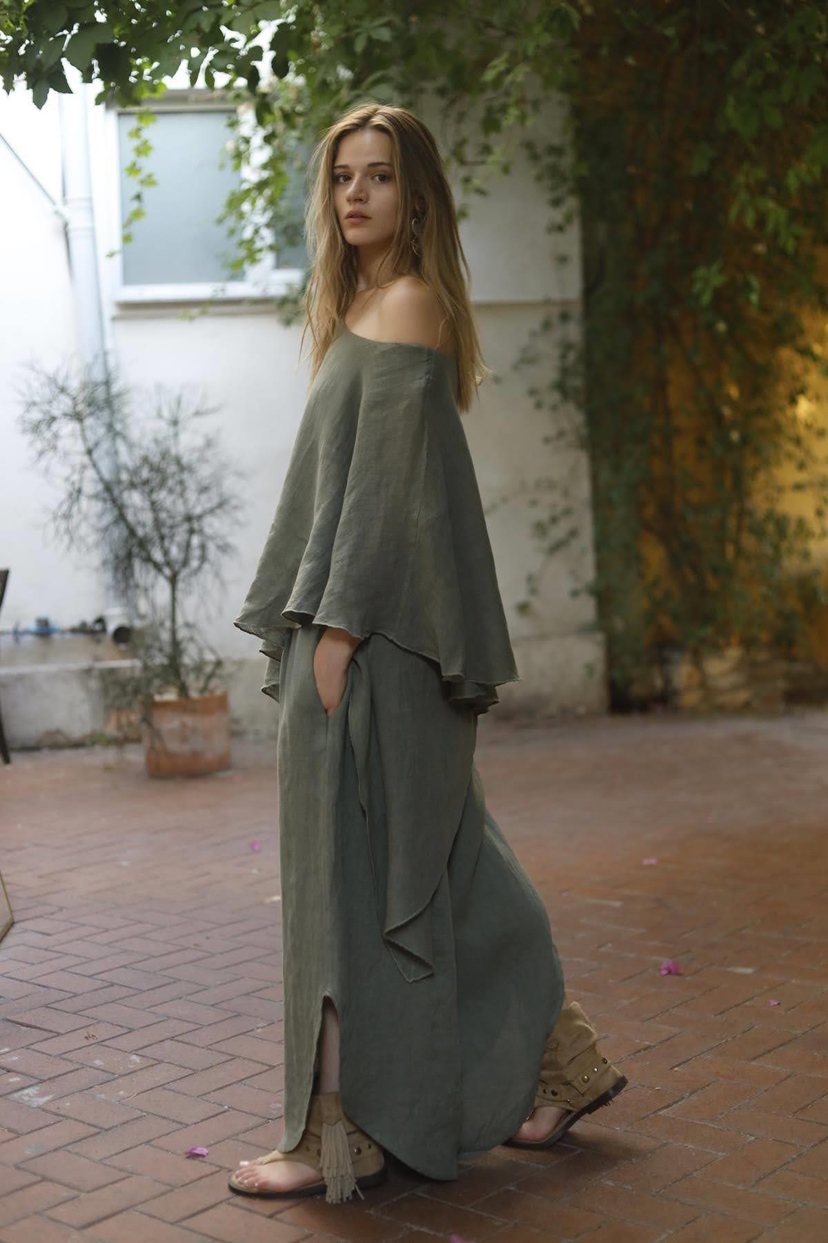 Khaki Asymmetric Cut Linen Set