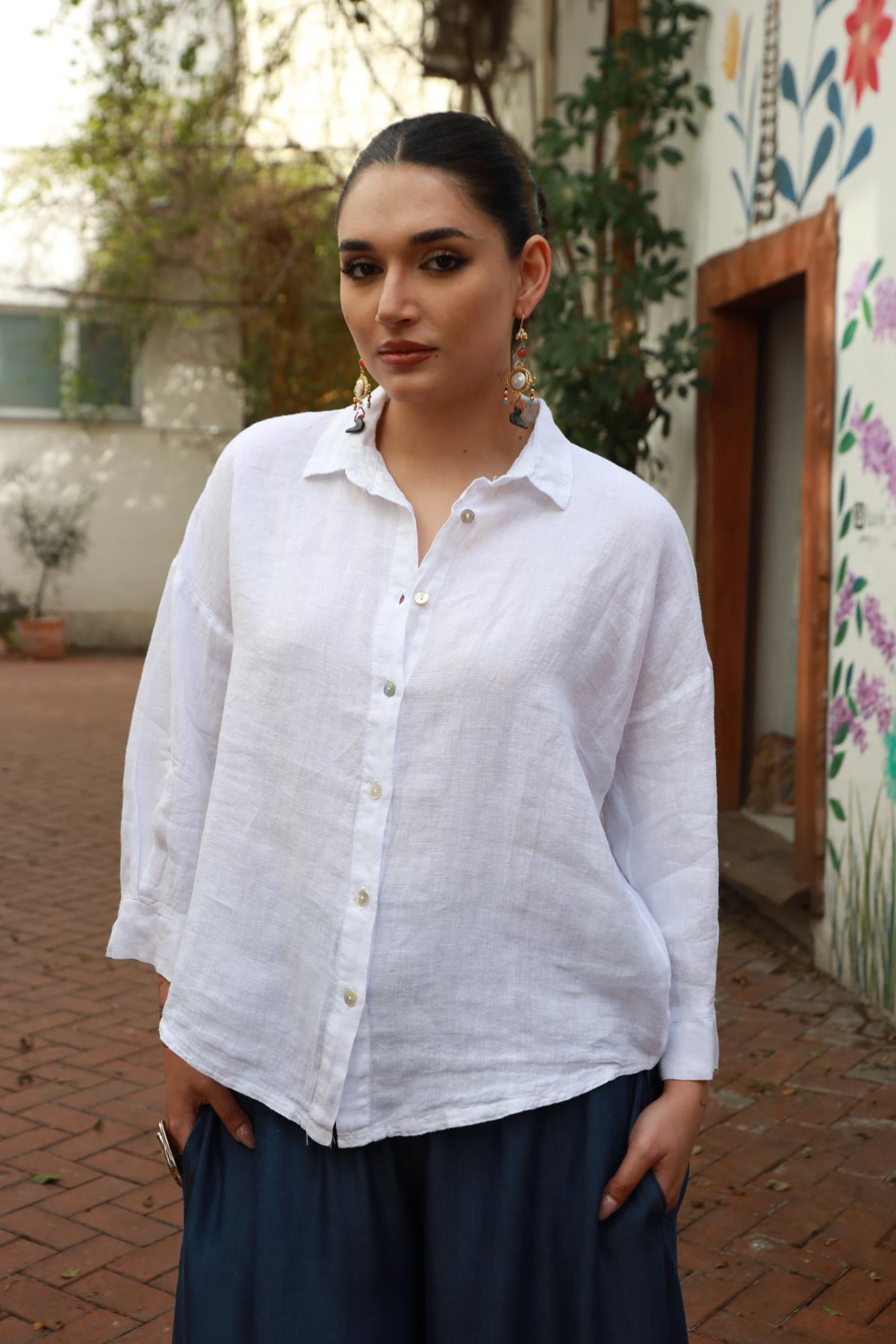 White Batwing Sleeve Linen Shirt