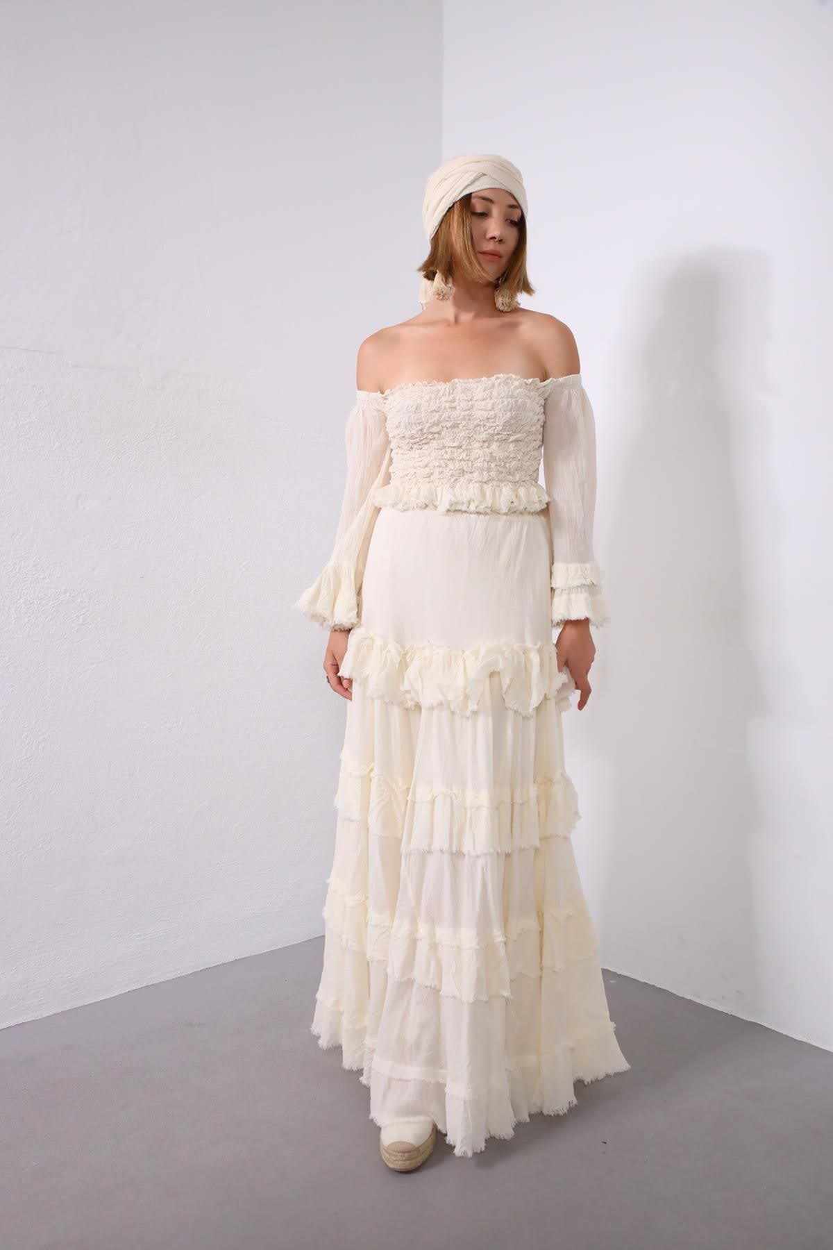 Ekru Beli Lastikli Püsküllü Kat Kat Bohem Etek - Şaman Butik Ekru Beli Lastikli Püsküllü Kat Kat Bohem Etek