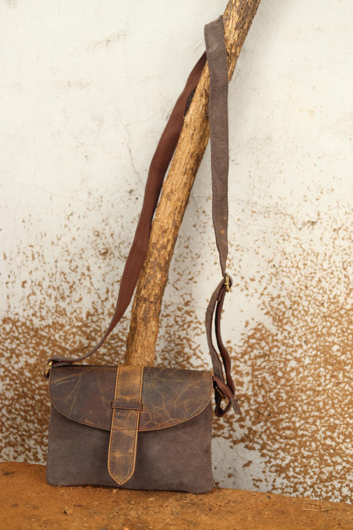 Dark Mink Snap Leather Suede Bag