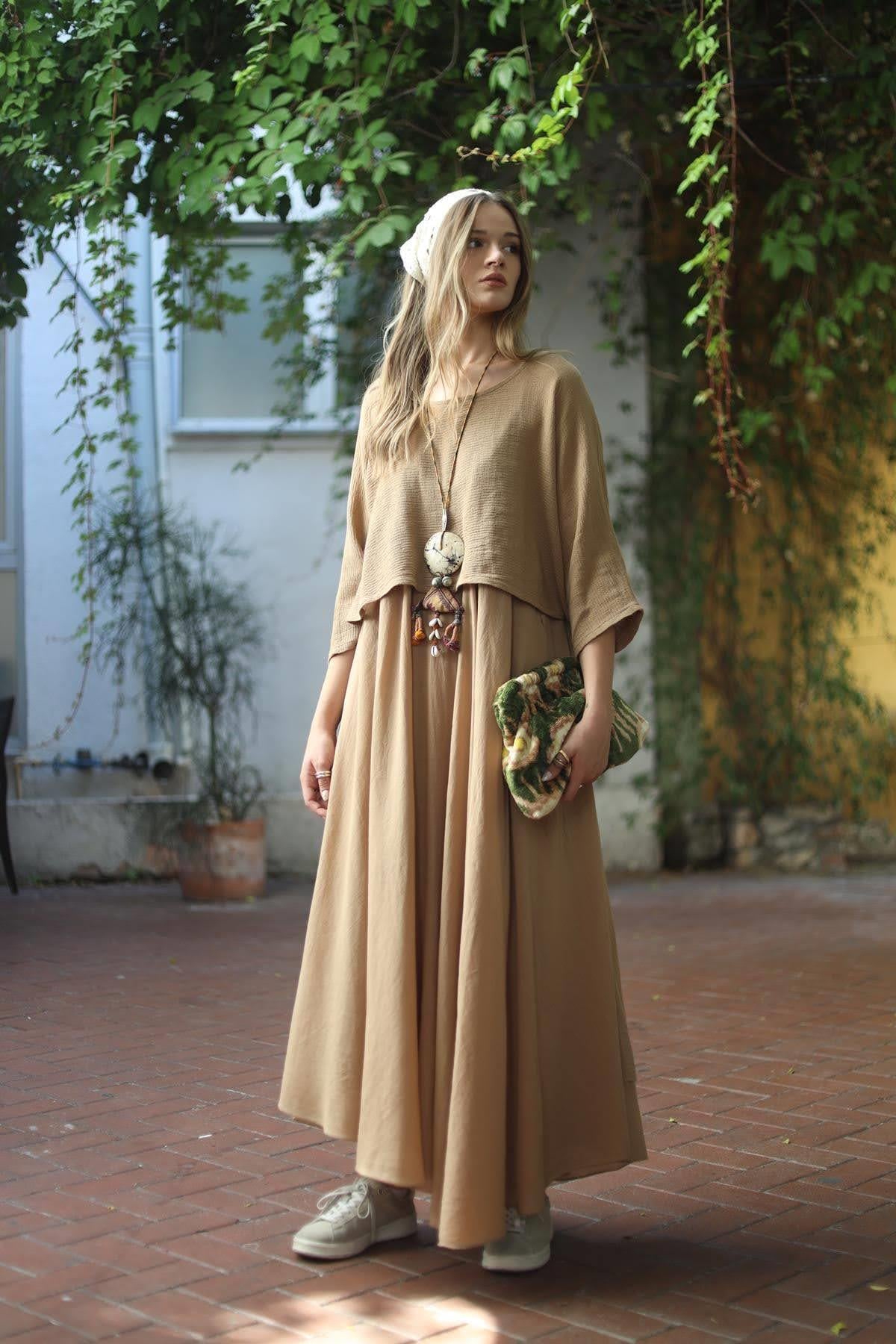 Camel Rengi Askılı Bluz Detaylı Elbise