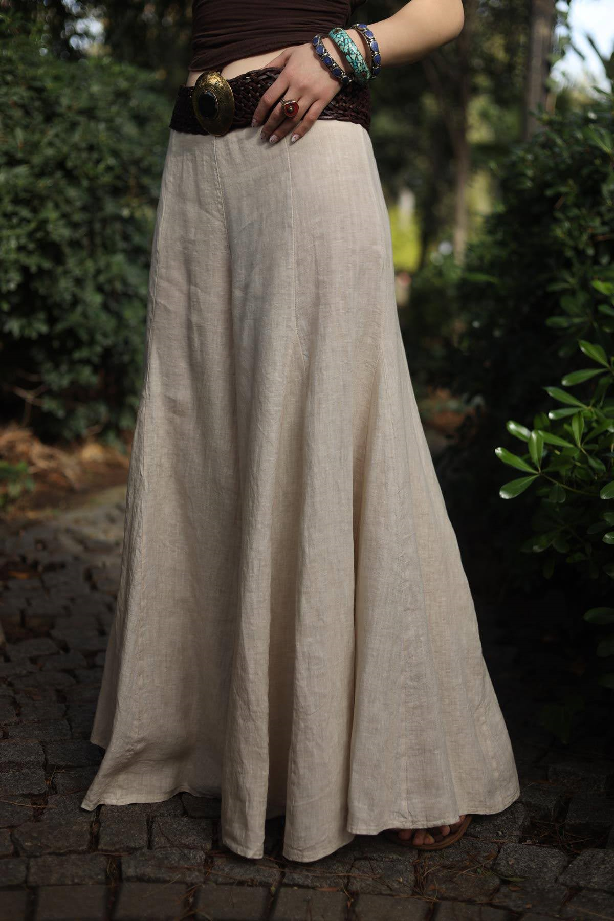 Krem Rengi Keten Pantolon Etek