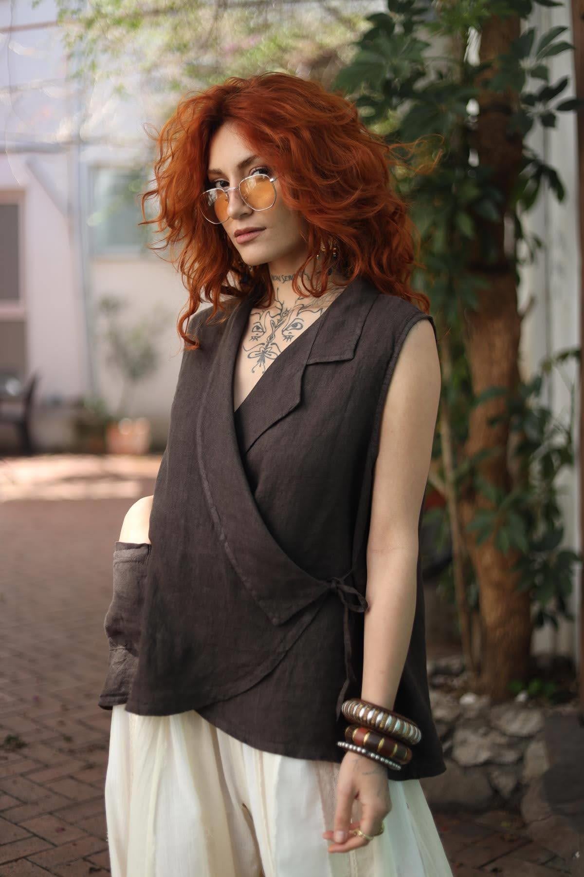 Brown Sleeveless Double Breasted Linen Blouse