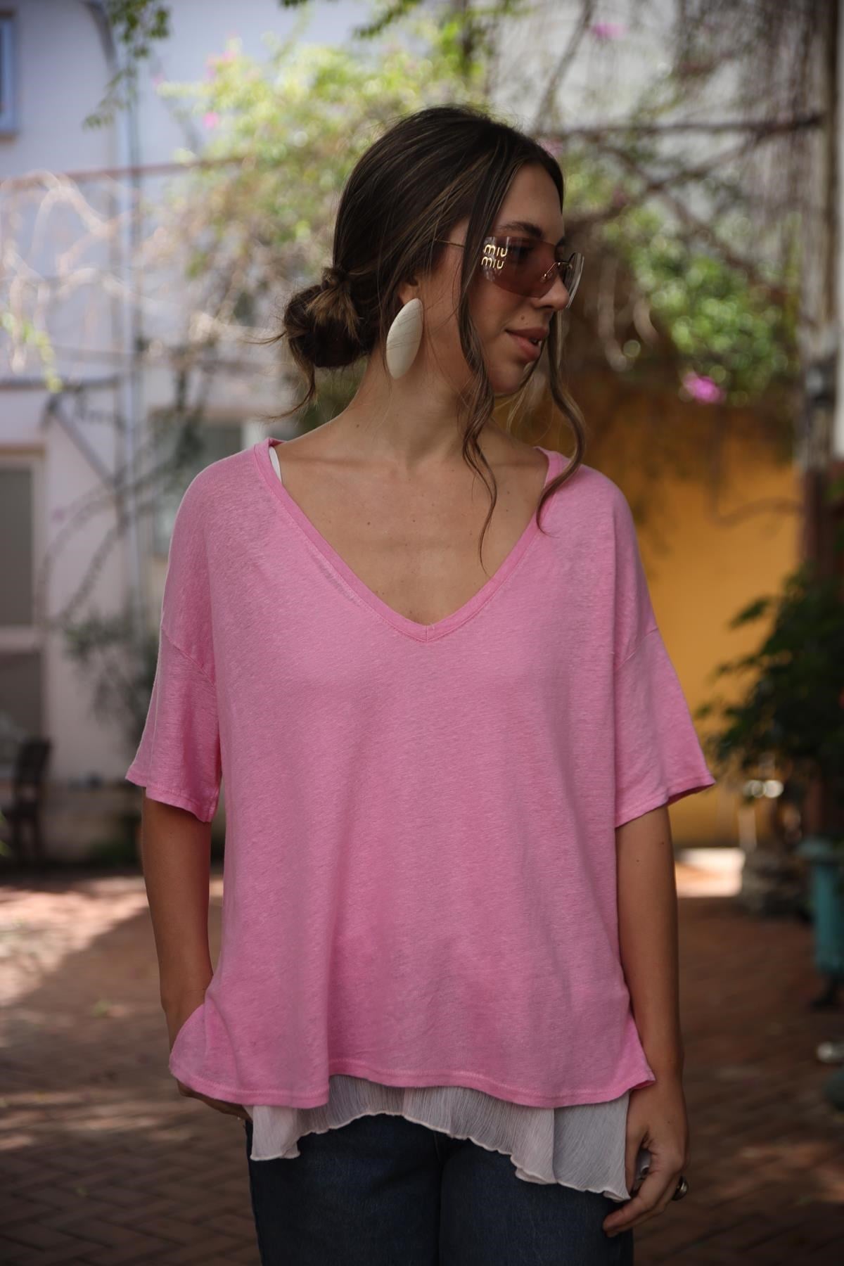 Pembe V Yaka Yırtmaçlı Keten Bluz