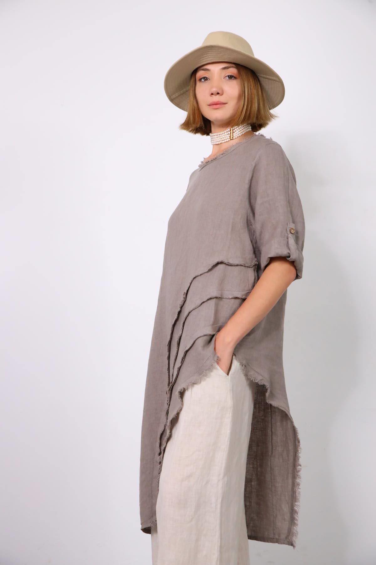 Vizon Rengi Püsküllü Bisiklet Yaka Asimetrik Kesim Keten Tunik - Şaman Butik Vizon Rengi Püsküllü Bisiklet Yaka Asimetrik Kesim Keten Tunik