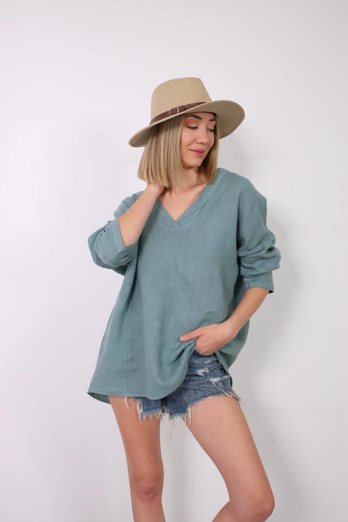 Mint Yeşili Sırtı Bağlamalı Apoletli Keten Bluz - Şaman Butik Mint Yeşili Sırtı Bağlamalı Apoletli Keten Bluz