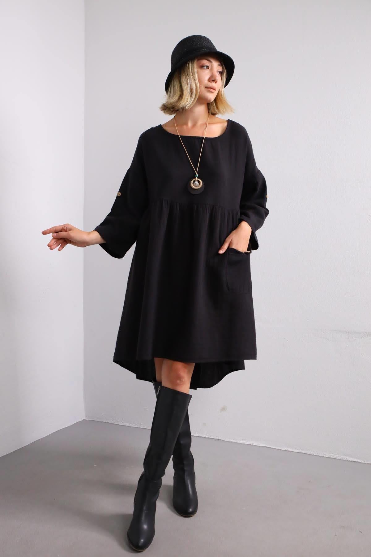 Siyah Tek Cepli Kolu Apoletli Müslin Elbise - Şaman Butik Siyah Tek Cepli Kolu Apoletli Müslin Elbise