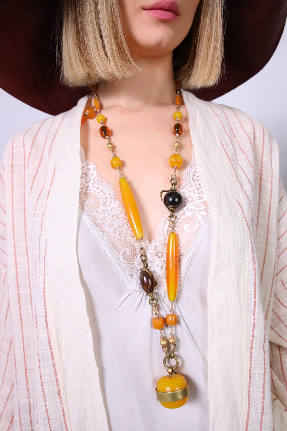 El Yapımı Ayarlanabilir Turuncu Cam Kolye - Şaman Butik El Yapımı Ayarlanabilir Turuncu Cam Kolye