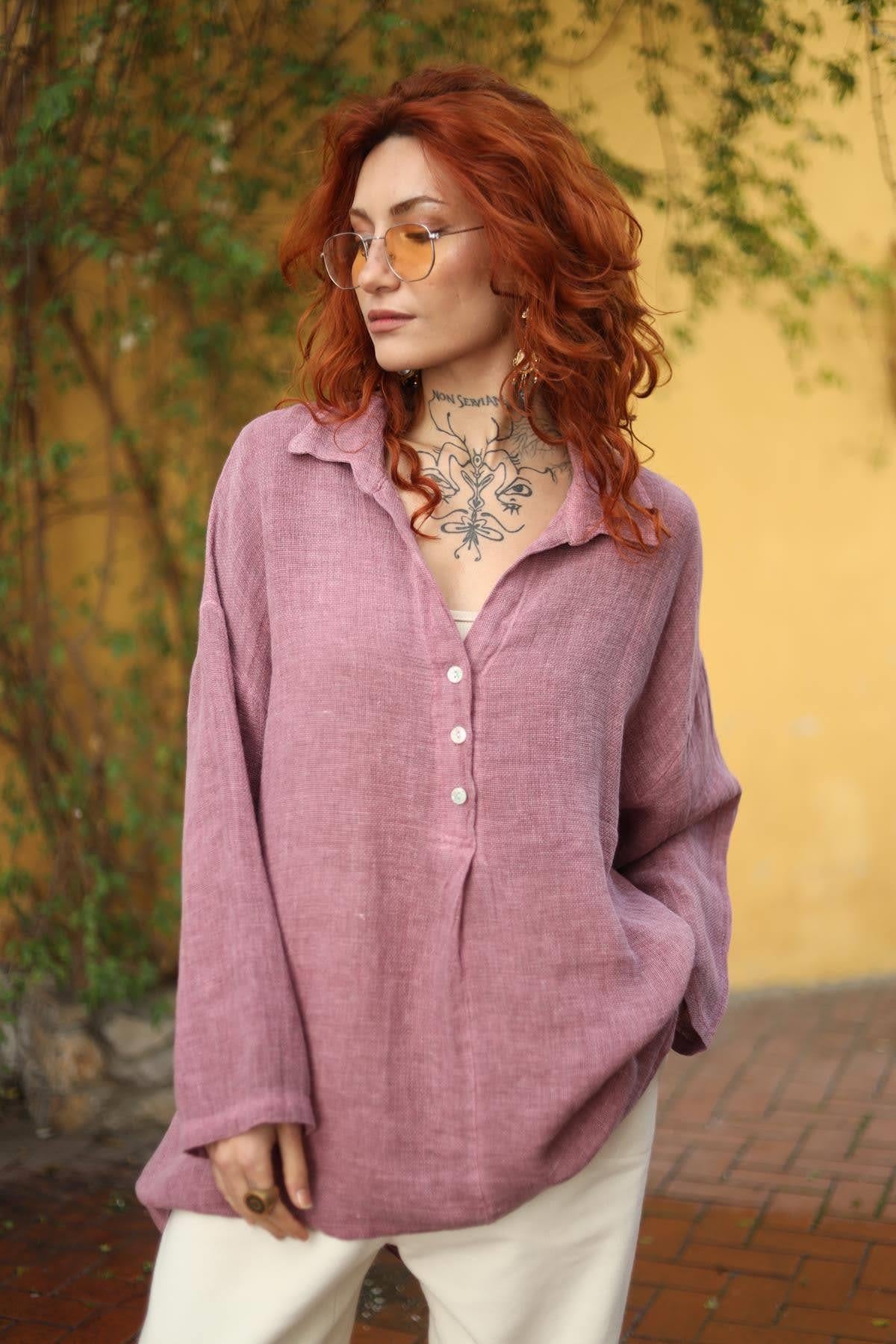 Gül Kurusu Gömlek Yaka Önü Pileli Keten Bluz