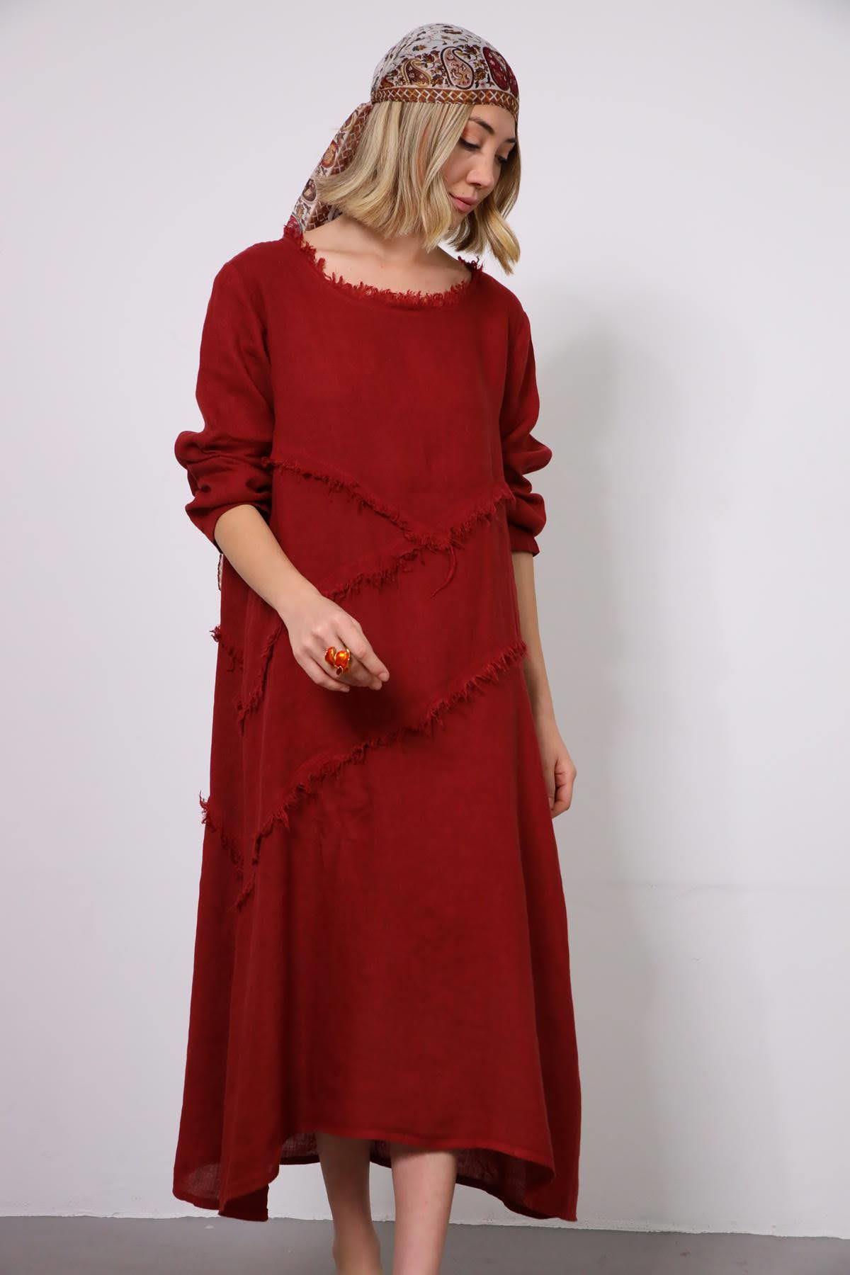 Bordo Yakası Püsküllü Dikiş Detaylı Keten Elbise - Şaman Butik Bordo Yakası Püsküllü Dikiş Detaylı Keten Elbise