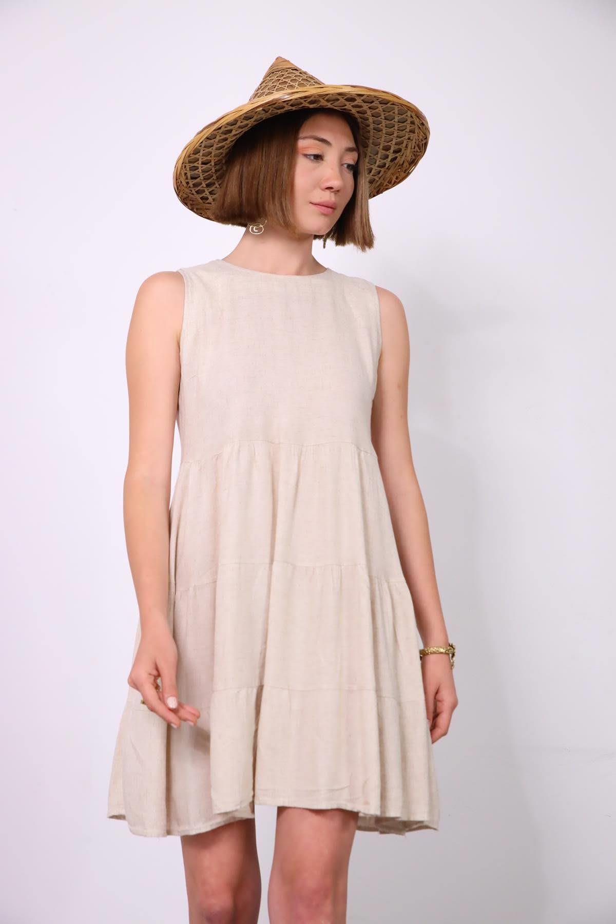 Krem Rengi Bisiklet Yaka Kolsuz Mini Elbise - Şaman Butik Krem Rengi Bisiklet Yaka Kolsuz Mini Elbise