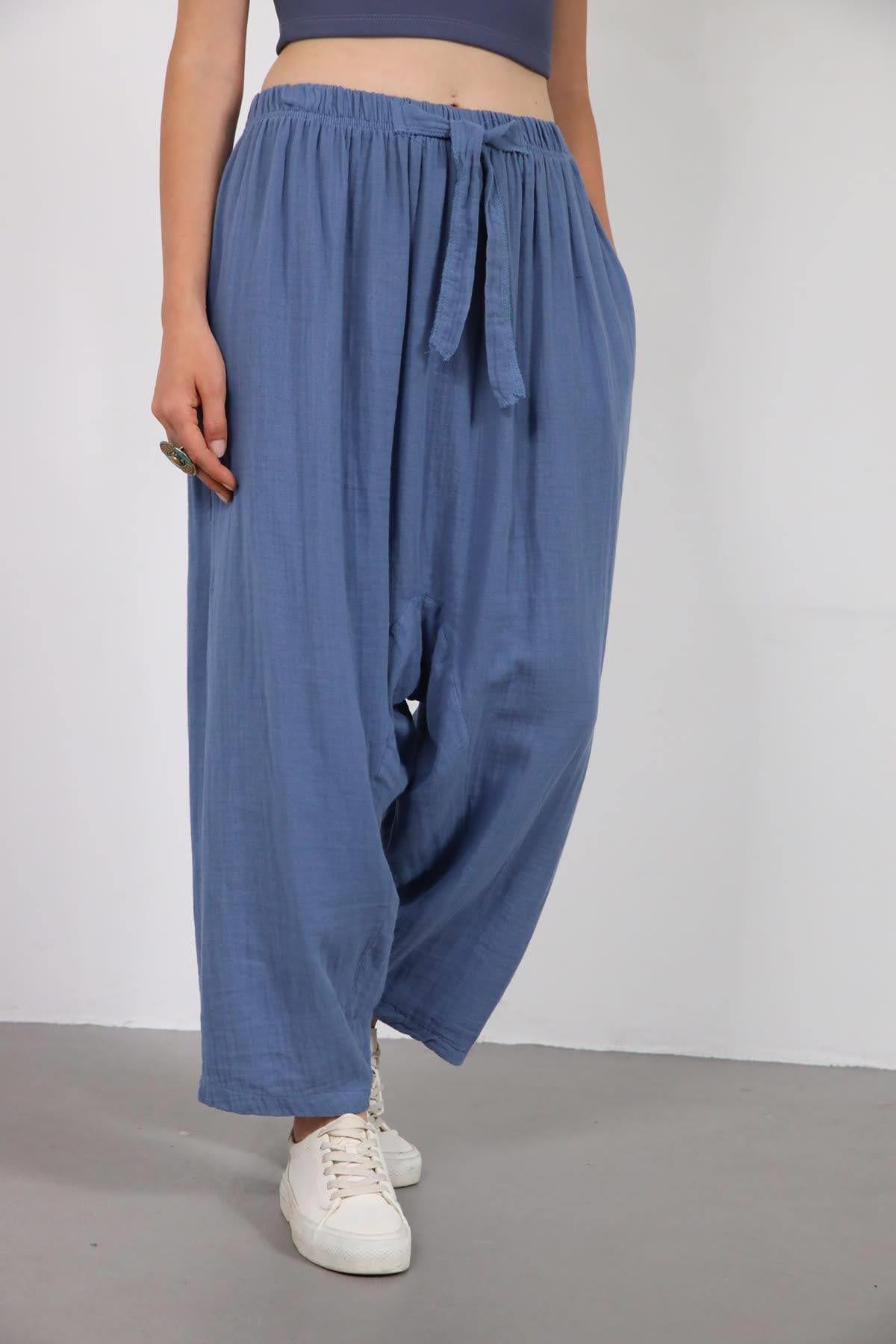 İndigo Mavi Beli İpli Müslin Şalvar - Şaman Butik İndigo Mavi Beli İpli Müslin Şalvar