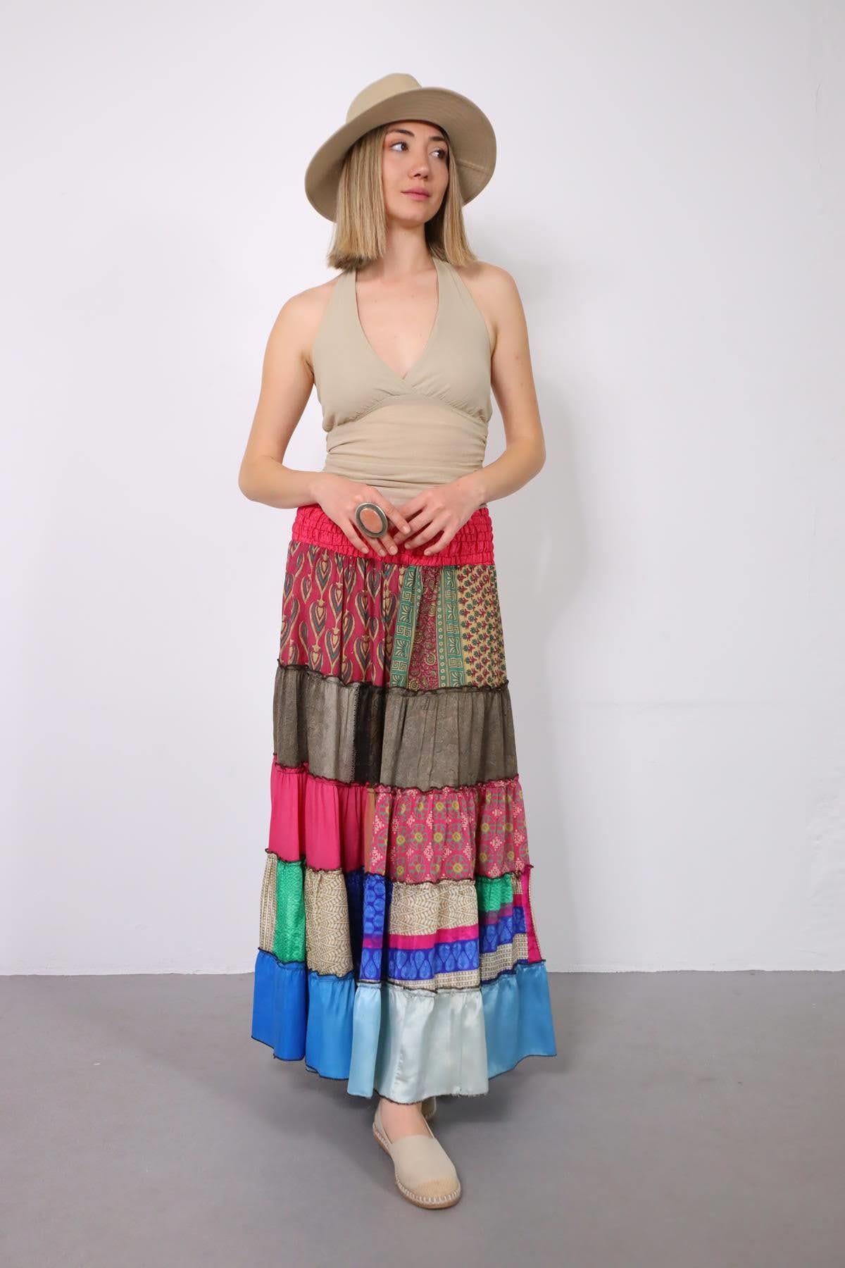 Renkli Beli Lastikli Otantik Desenli Patchwork Etek - Şaman Butik Renkli Beli Lastikli Otantik Desenli Patchwork Etek