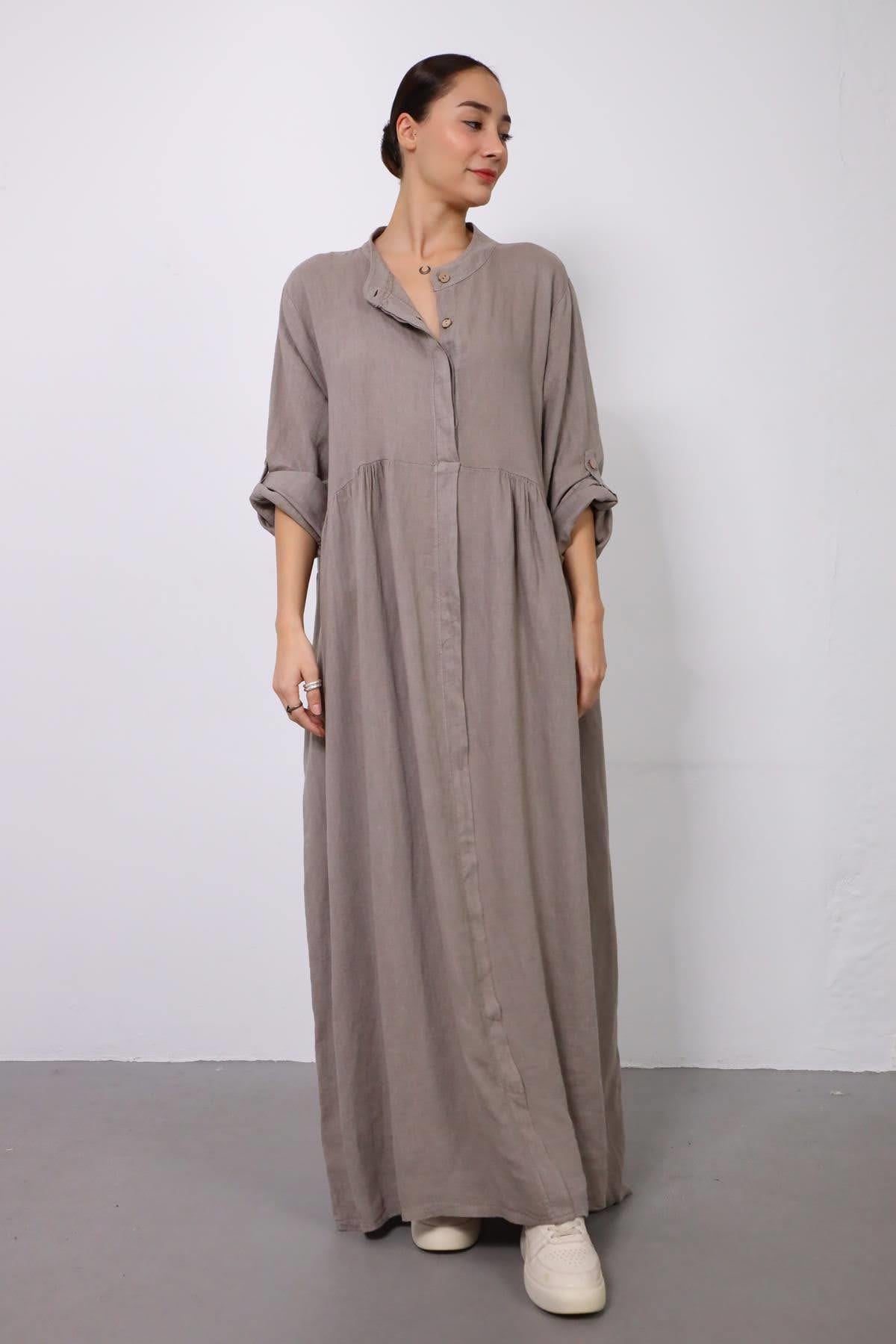 Vizon Rengi Kolu Apoletli Hakim Yaka Keten Elbise - Şaman Butik Vizon Rengi Kolu Apoletli Hakim Yaka Keten Elbise