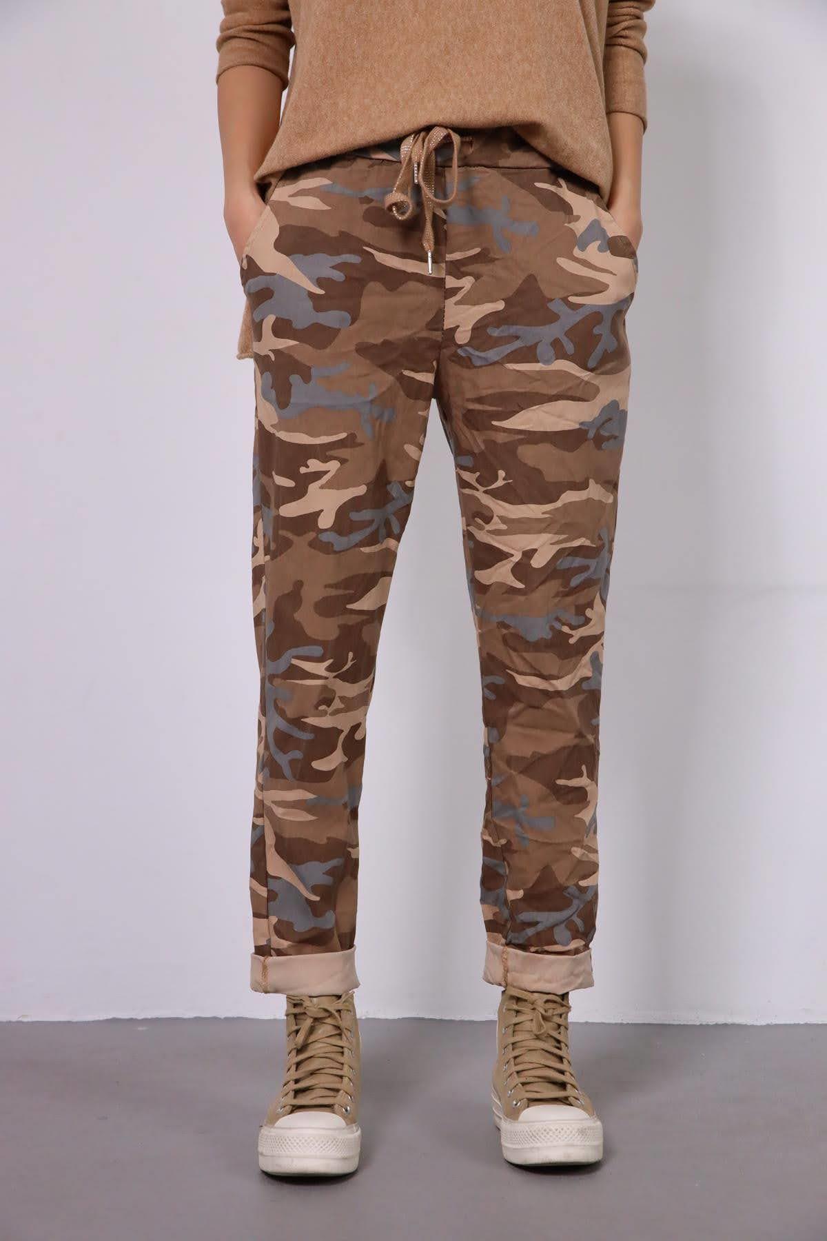 Kahverengi Kamuflaj Desenli Beli Bağcıklı Pantolon - Şaman Butik Kahverengi Kamuflaj Desenli Beli Bağcıklı Pantolon