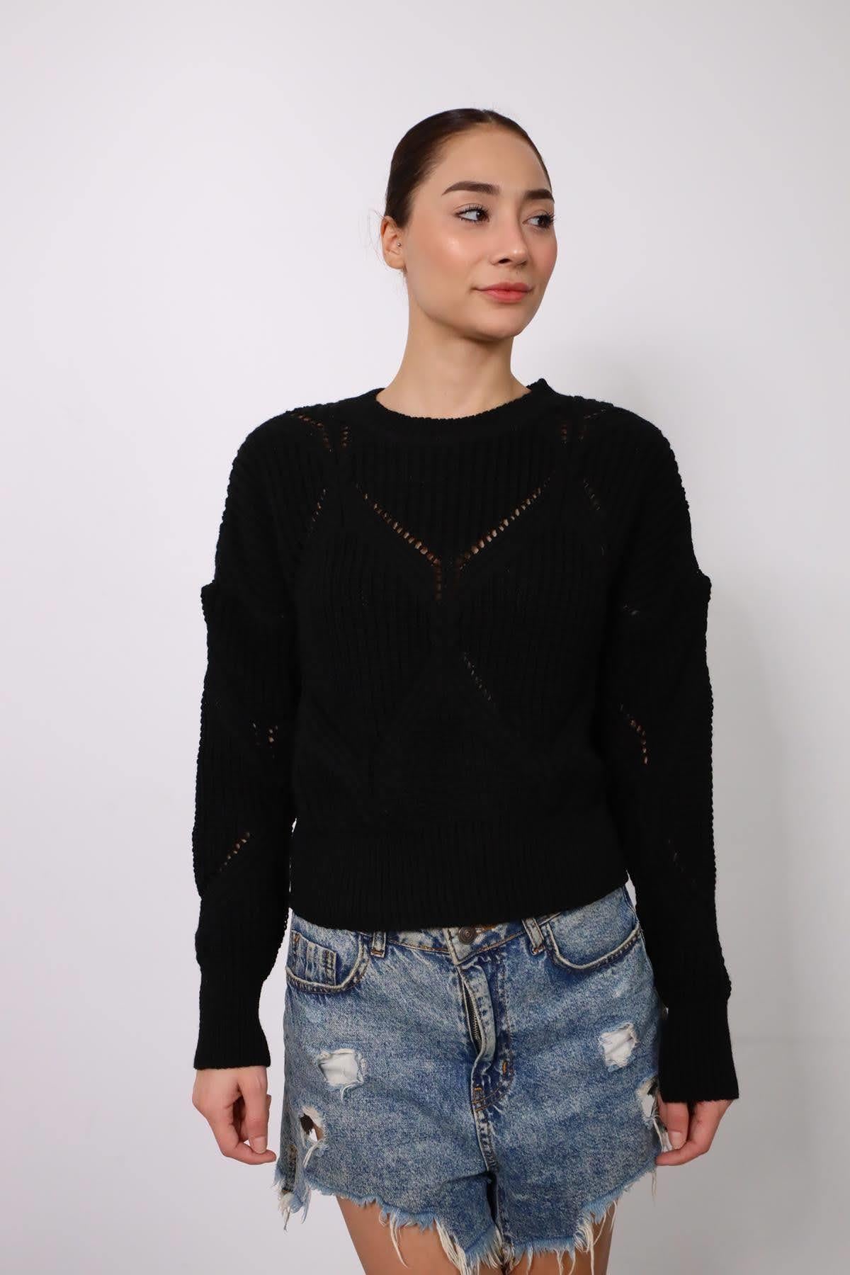 Siyah Baklava Desen Kısa Triko Kazak - Şaman Butik - Bohem Giyim ve Aksesuar | Kadın & Erkek Siyah Baklava Desen Kısa Triko Kazak