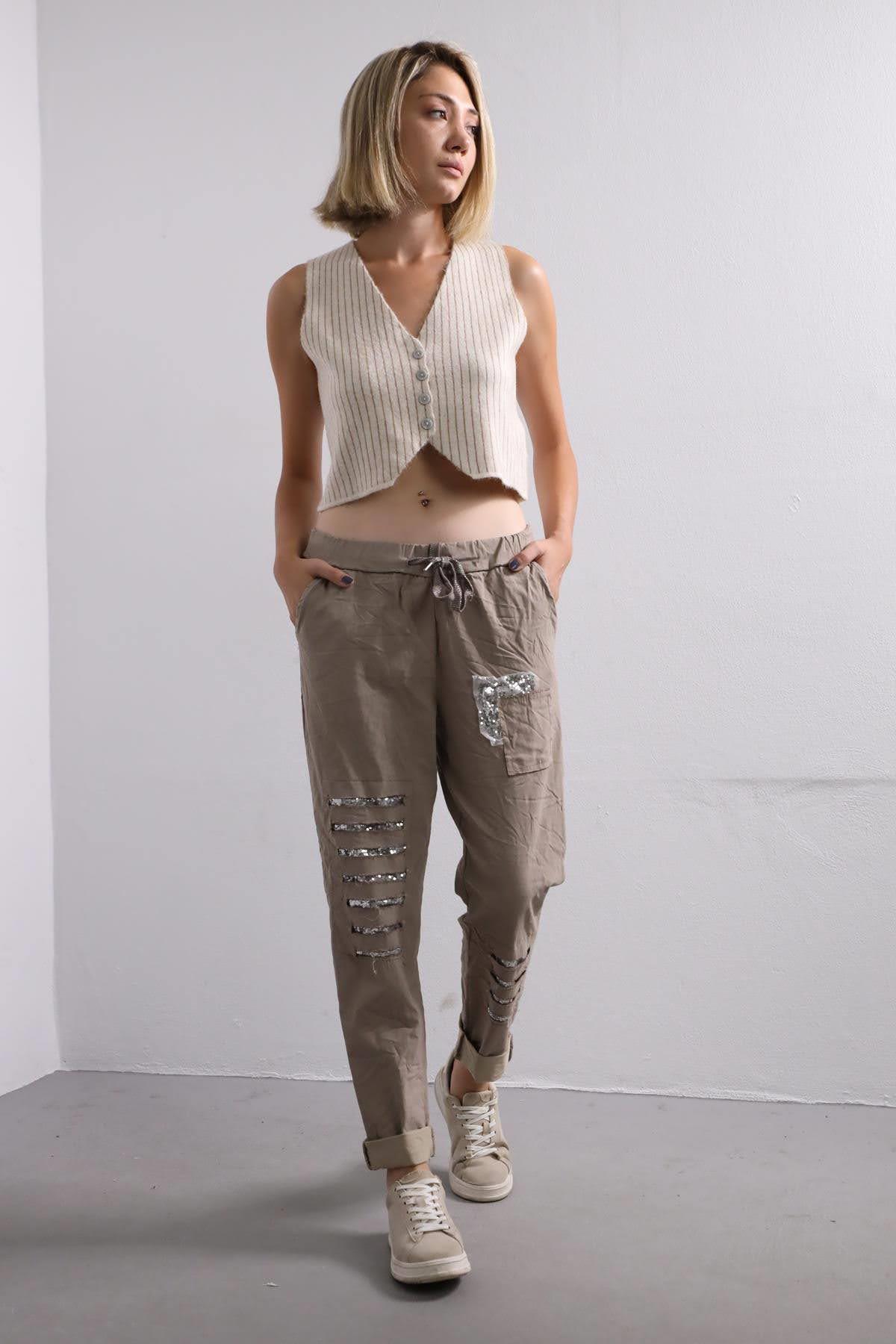  Vizon Rengi Yama Detay Pullu Pantolon