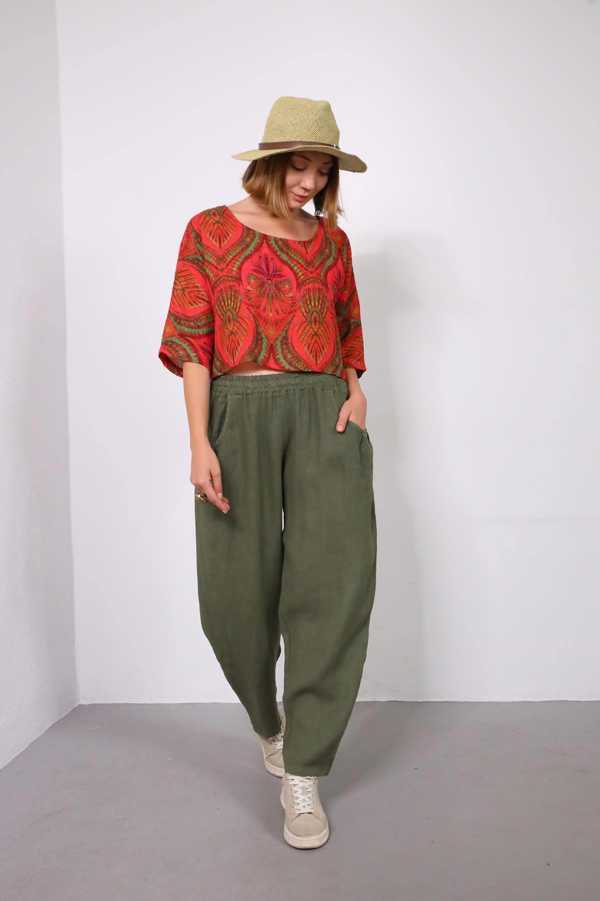 Haki Cepleri Pileli Beli Lastikli Keten Pantolon - Şaman Butik Haki Cepleri Pileli Beli Lastikli Keten Pantolon