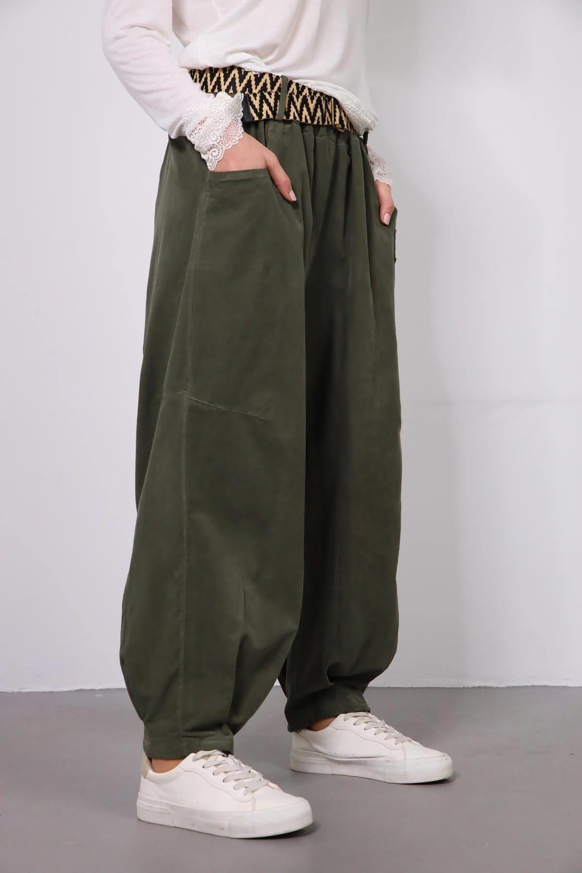 Haki Kemerli Kadife Pantolon - Şaman Butik Haki Kemerli Kadife Pantolon