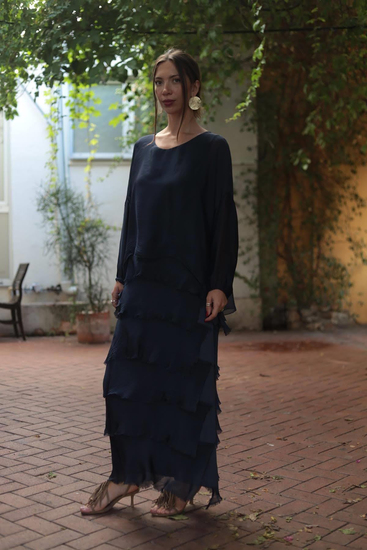 Lacivert Bluz Detaylı Katlı İpek Elbise