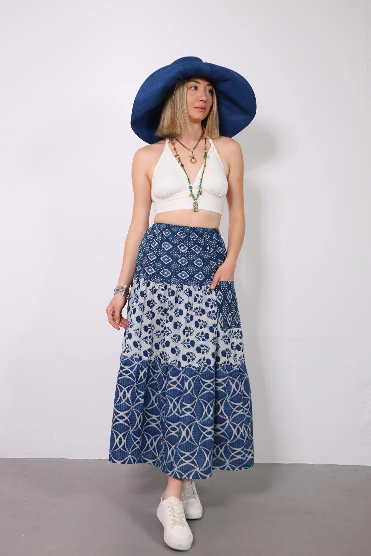 Mavi Cepli Otantik Parçalı Etek - Şaman Butik Mavi Cepli Otantik Parçalı Etek