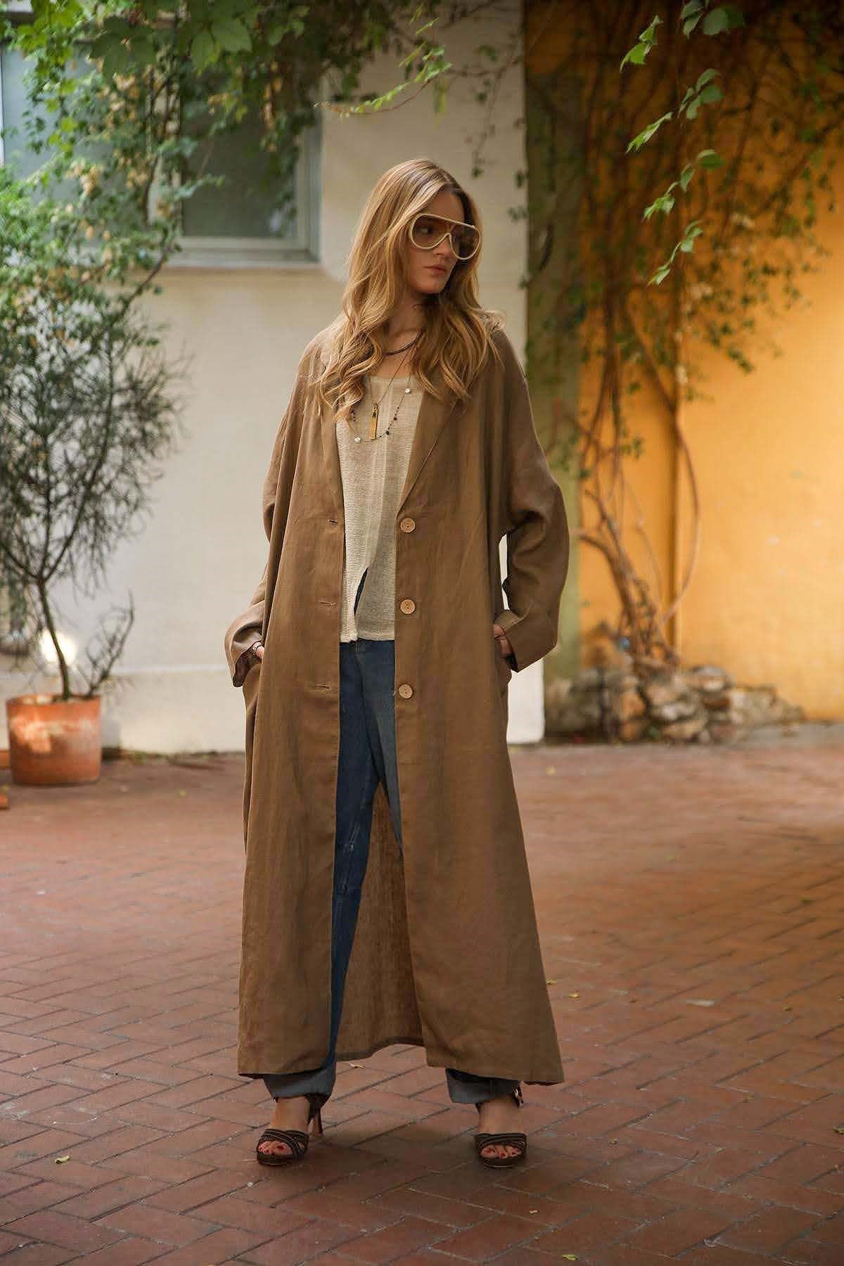 Kahverengi Blazer Yaka Düğmeli Keten Kaftan