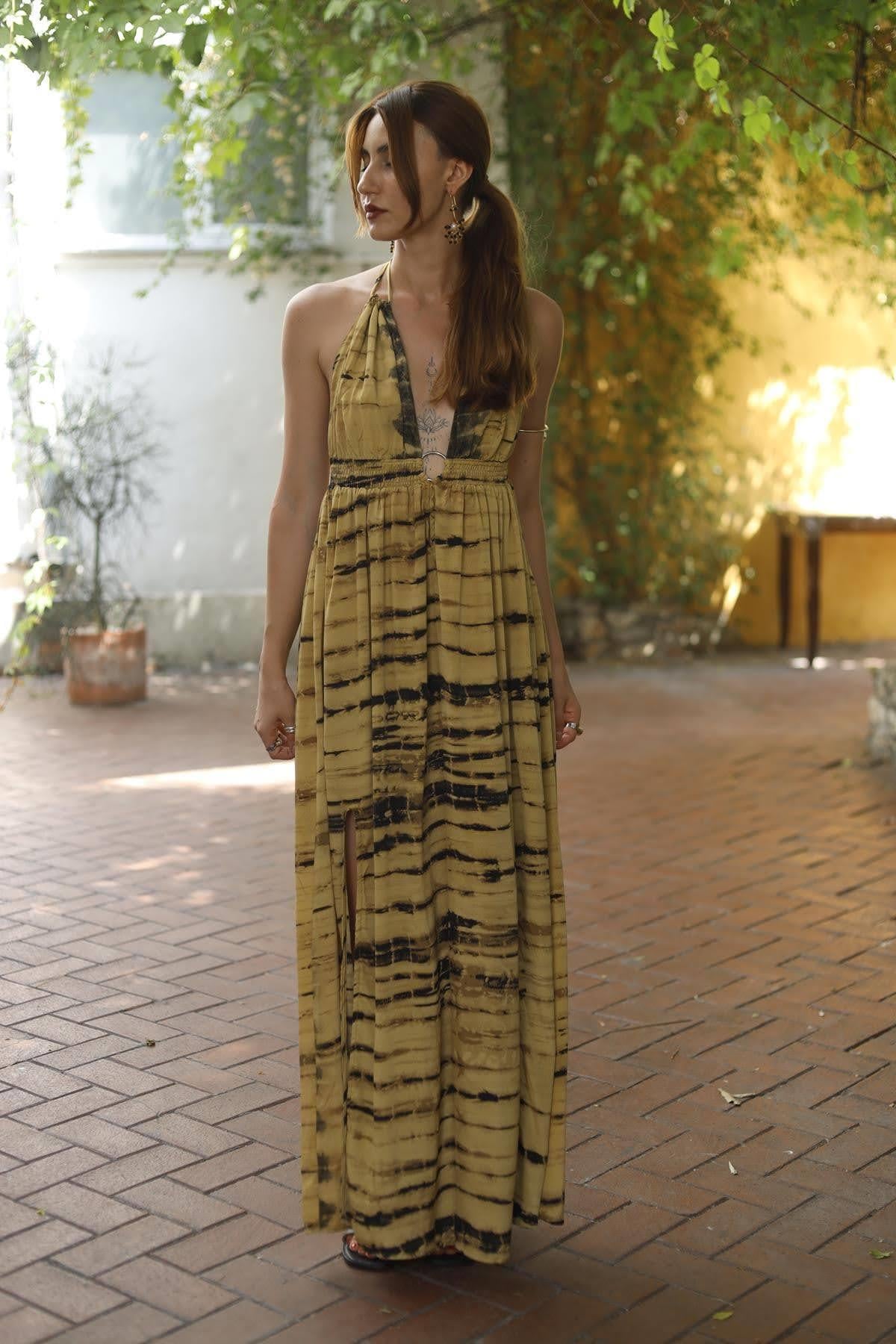 Beige Ring Detailed Slit Silk Dress 