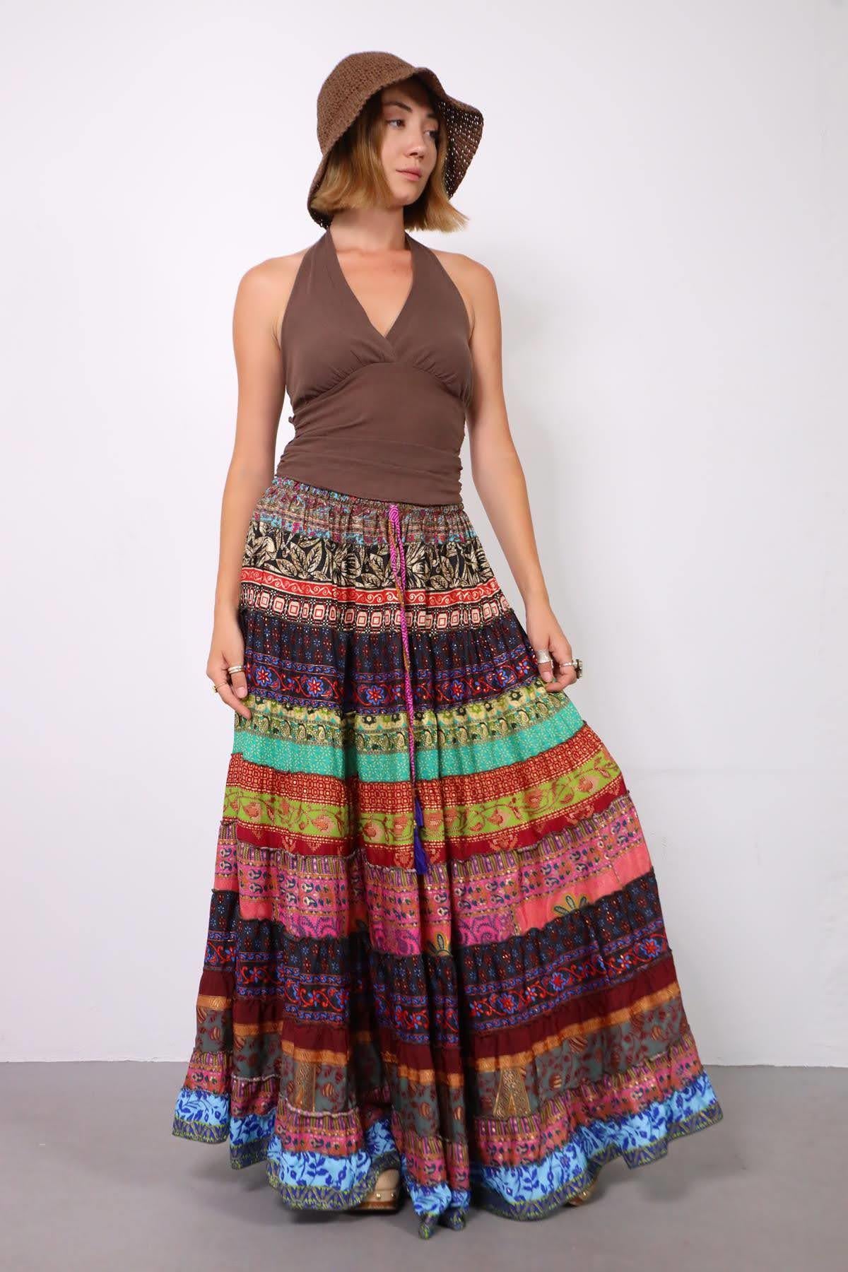 Renkli Patchwork Otantik İpek Etek - Şaman Butik Renkli Patchwork Otantik İpek Etek