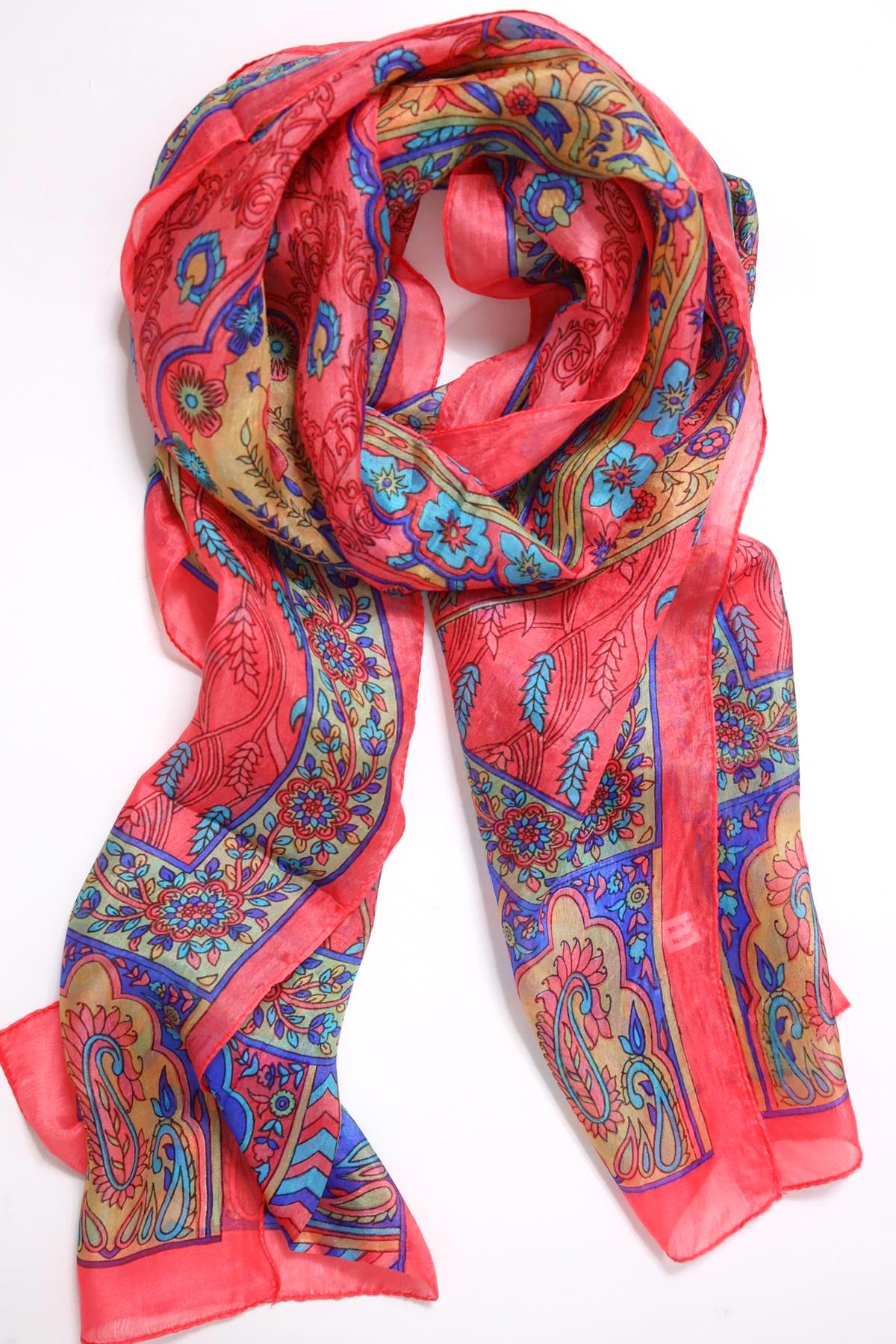  Mercan Rengi Desenli İpek Şal