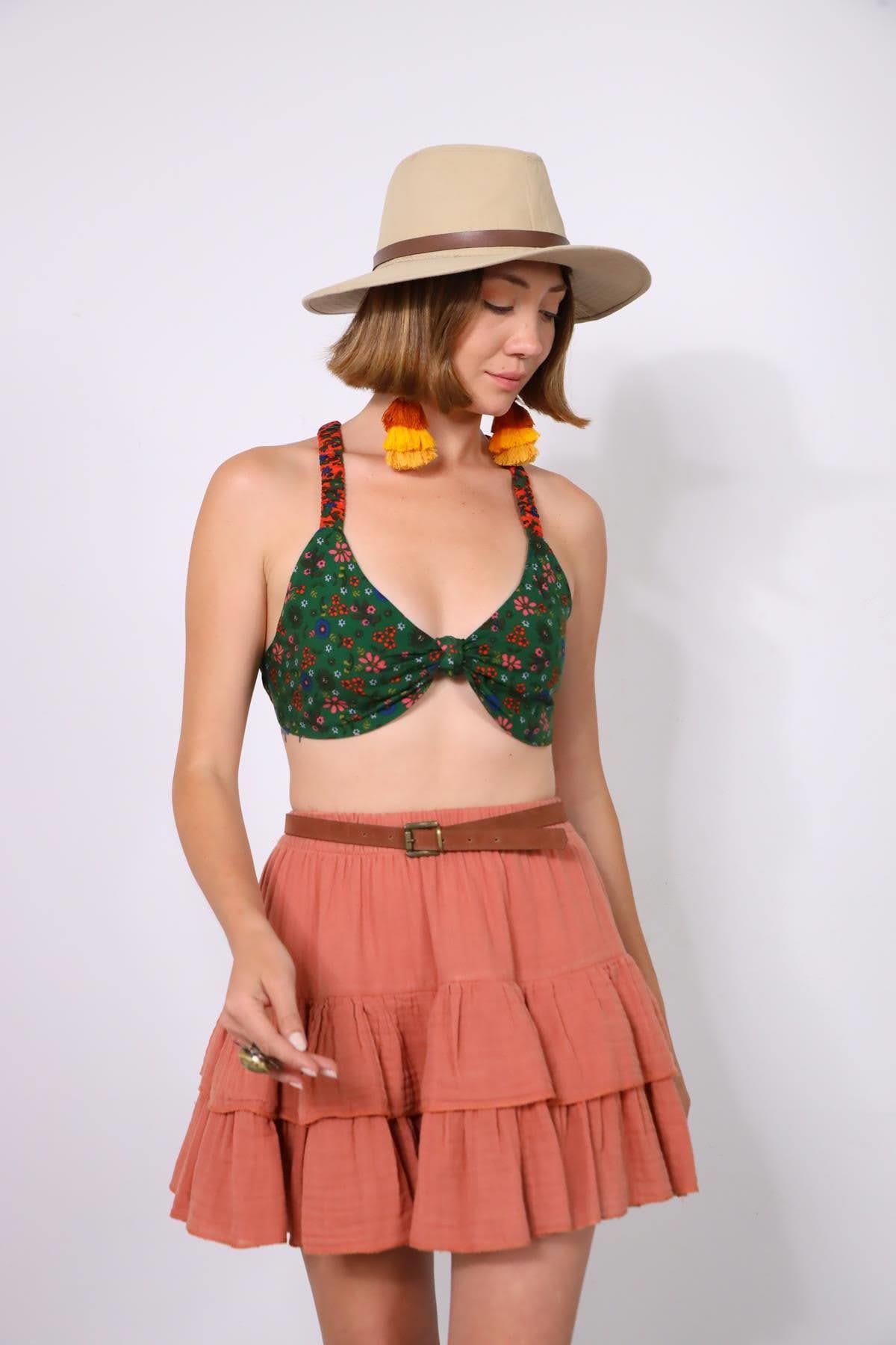 Yeşil Çiçek Desenli Bağlamalı Bralet - Şaman Butik Yeşil Çiçek Desenli Bağlamalı Bralet