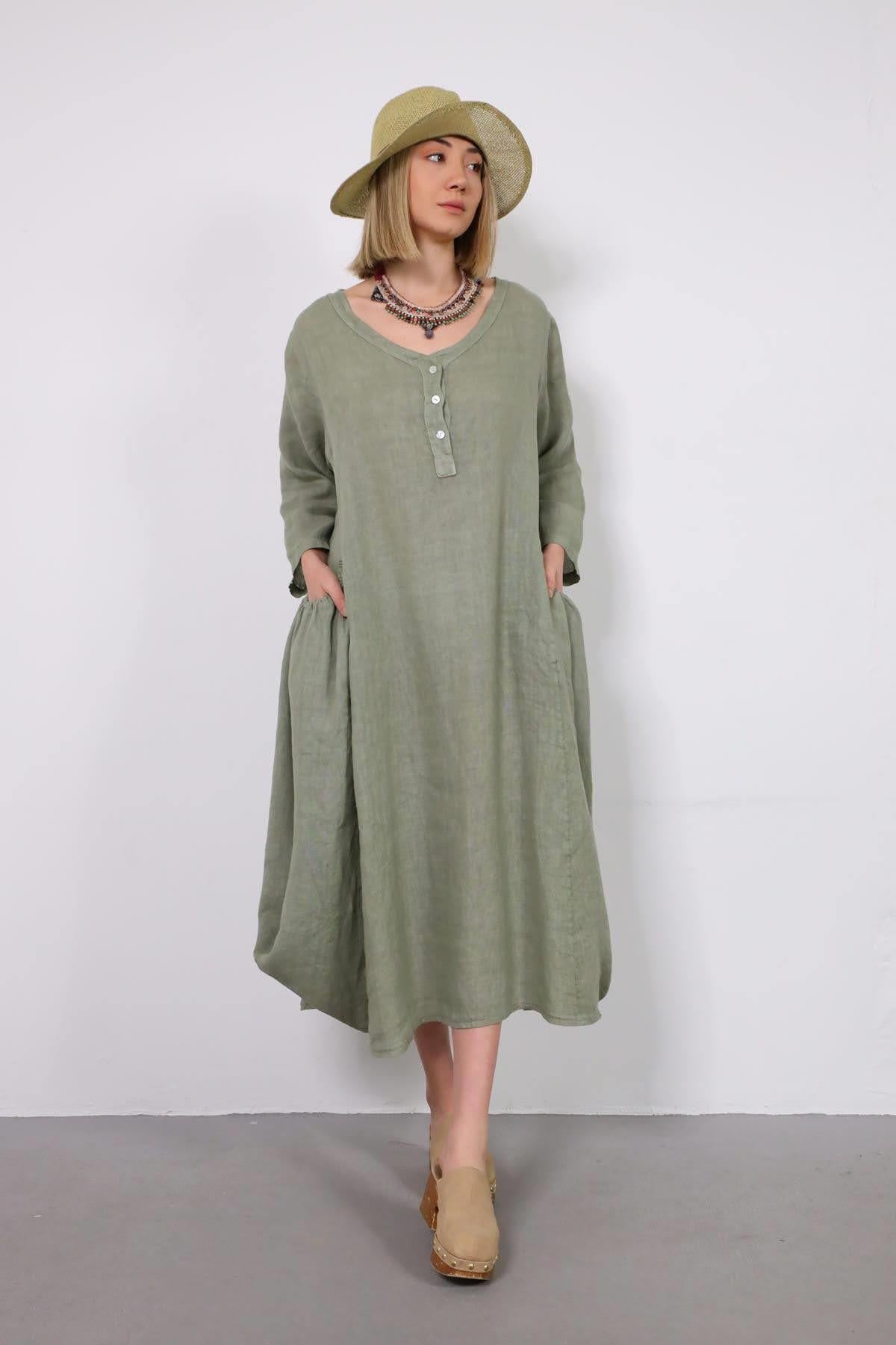 Haki Yakası Düğmeli Büzgülü Torba Cep Elbise - Şaman Butik Haki Yakası Düğmeli Büzgülü Torba Cep Elbise