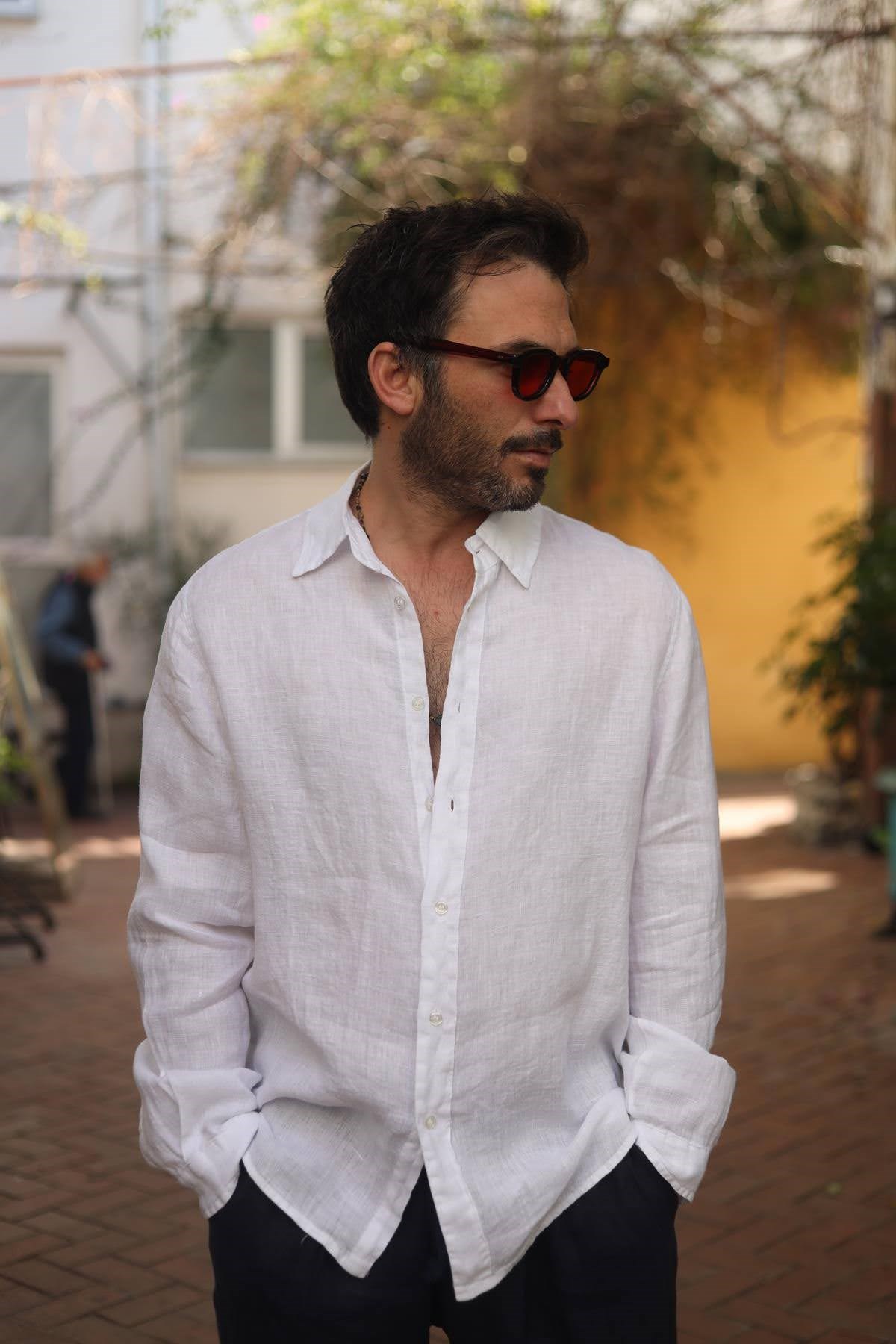 Beyaz Klasik Keten Erkek Gömlek