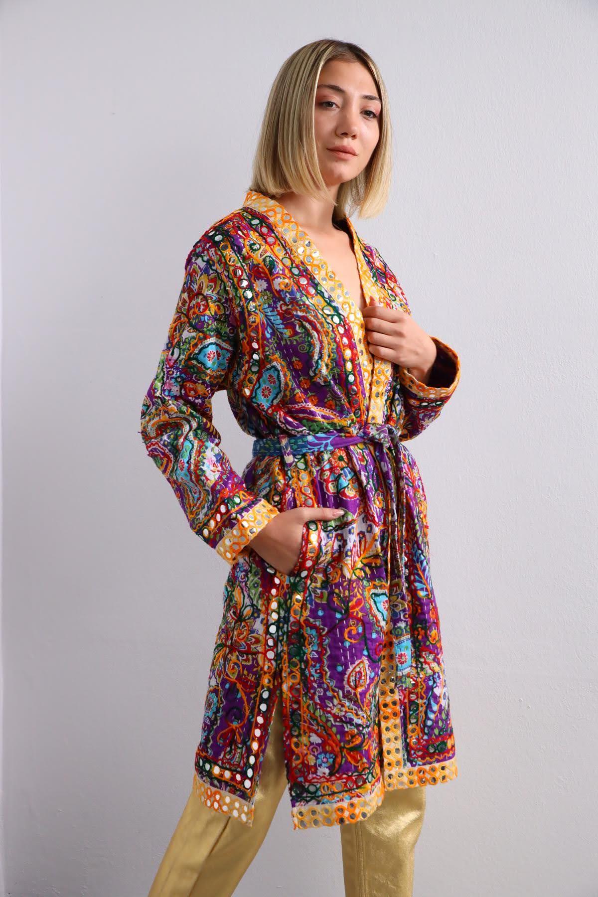 Mor Pul Detaylı İşlemeli Kısa Kaftan - Şaman Butik Mor Pul Detaylı İşlemeli Kısa Kaftan