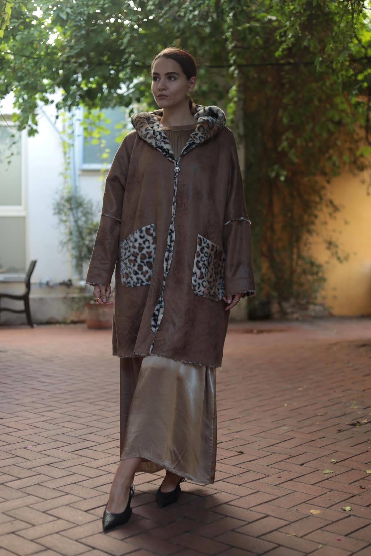 Camel Rengi Leopar Kürklü Nubuk Kaban