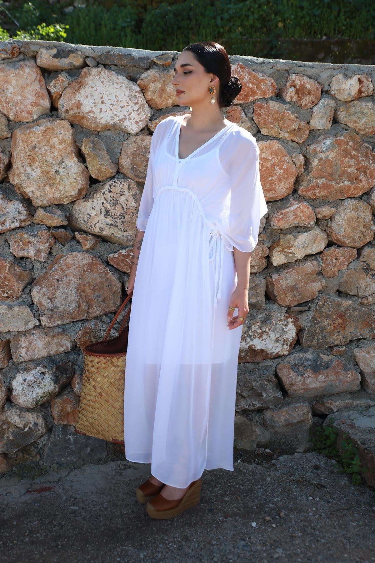 White Braiding Detail Lined Silk Dress