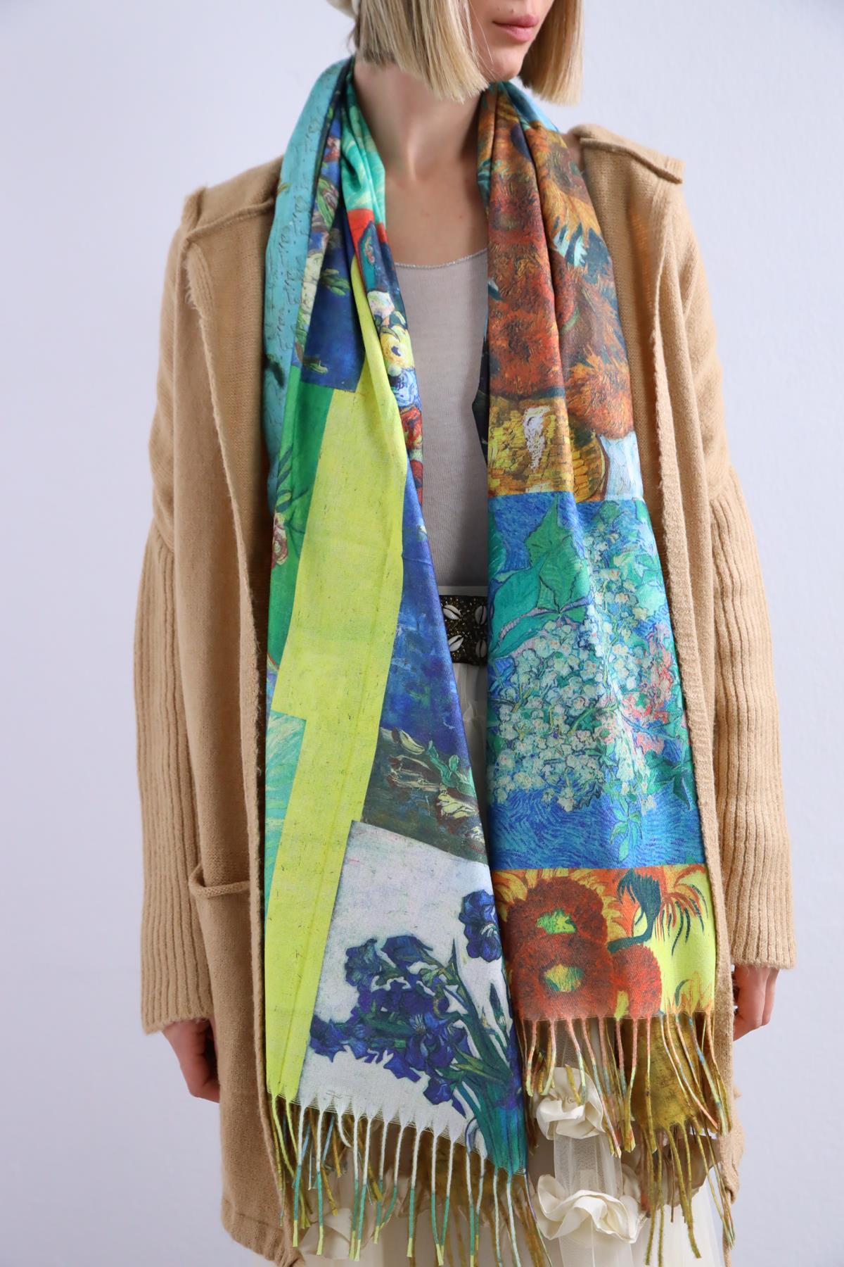 Renkli Van Gogh Ayçiçekleri Kaşmir Şal - Şaman Butik Renkli Van Gogh Ayçiçekleri Kaşmir Şal