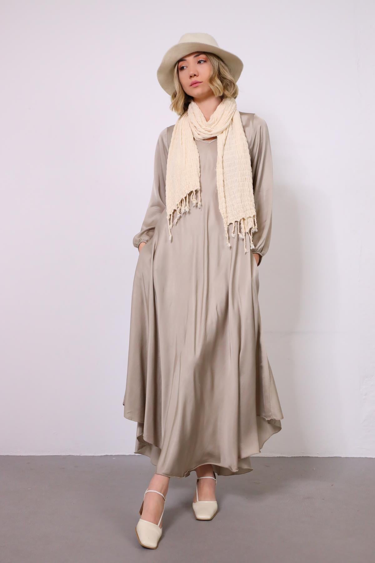 Vizon V Yaka İpek Elbise - Şaman Butik Vizon V Yaka İpek Elbise