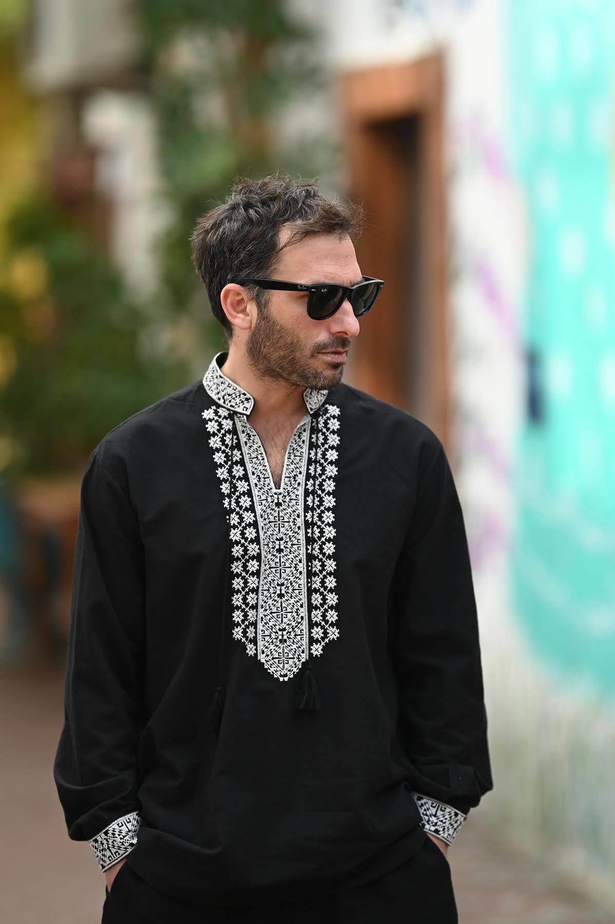 Black Collar and Cuff Embroidered Authentic Men's Shirt