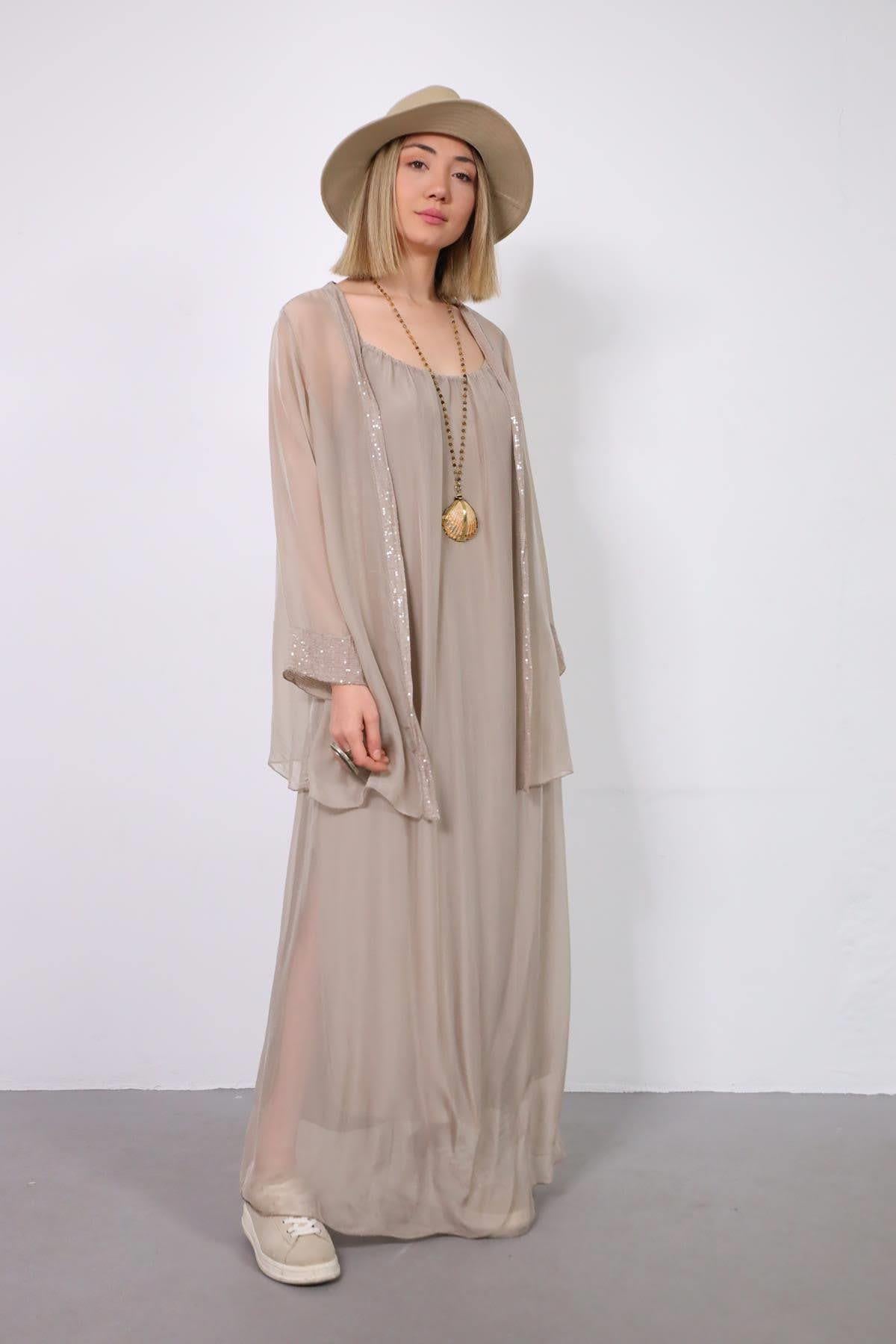 Vizon Rengi Payetli İpek Ceket ve Elbise Takım - Şaman Butik Vizon Rengi Payetli İpek Ceket ve Elbise Takım