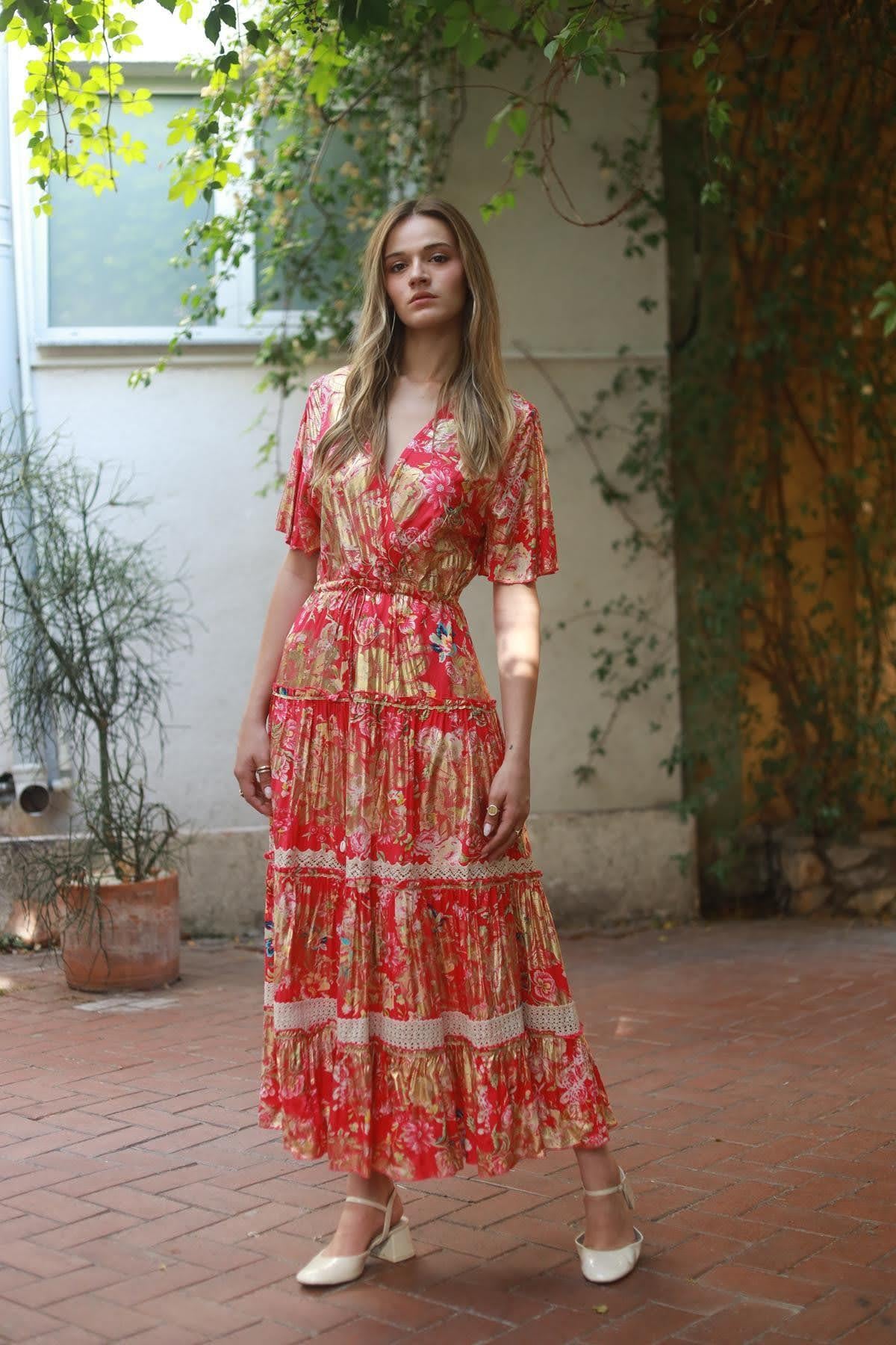 Fuşya Gold Desenli Dantel Detaylı Elbise