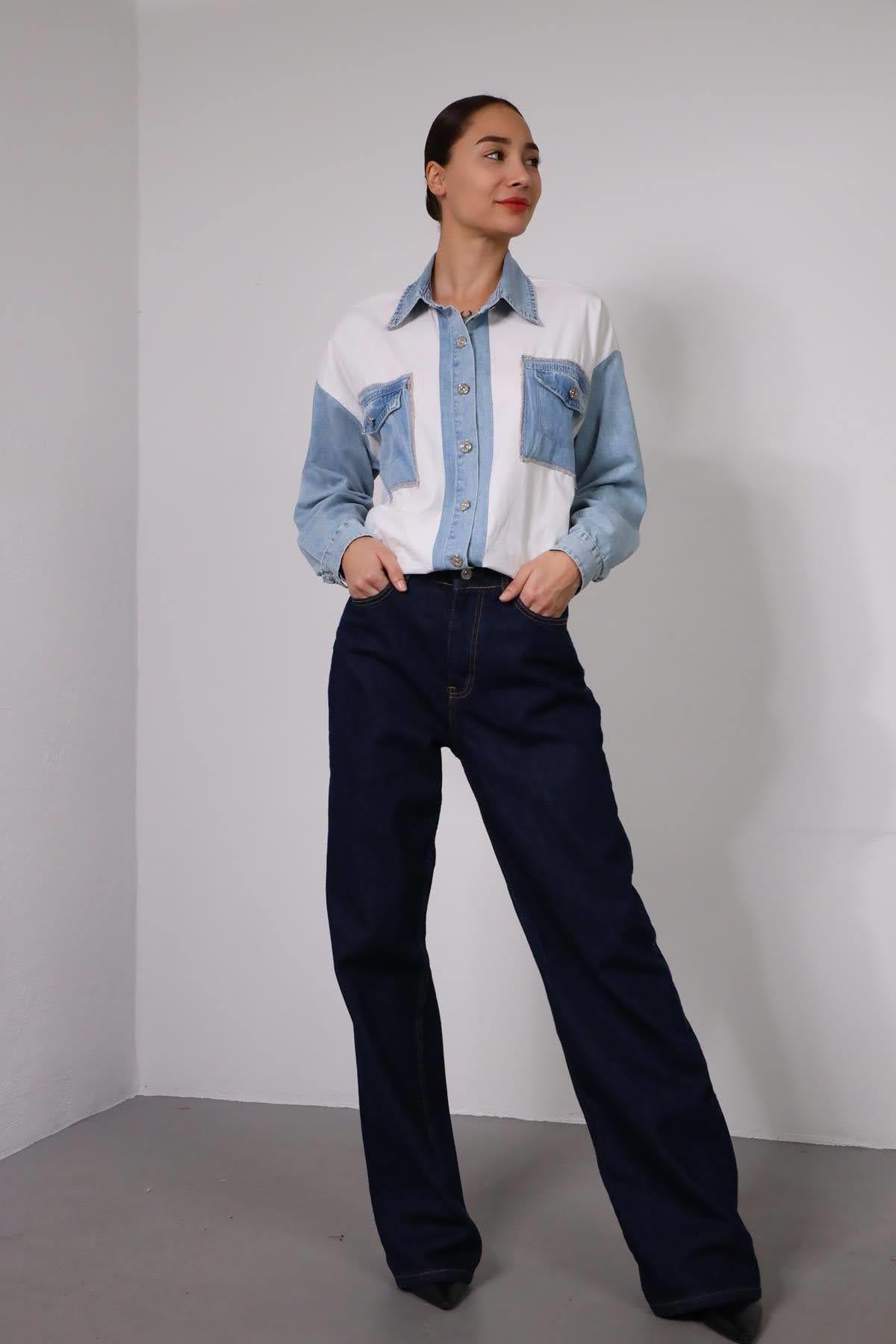 Beyaz Kot Detaylı Çift Cepli Gömlek - Şaman Butik Beyaz Kot Detaylı Çift Cepli Gömlek