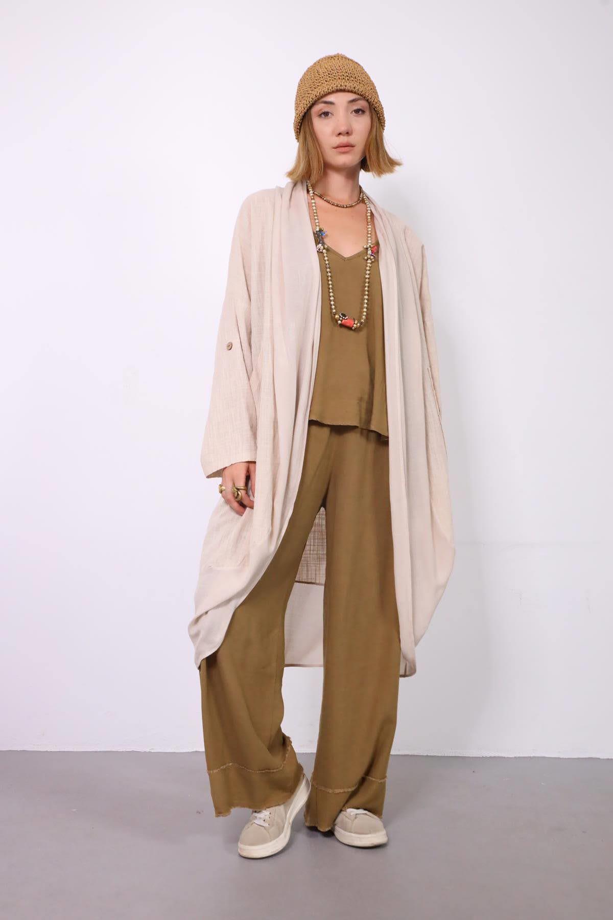  Krem Rengi Garnili Şal Yaka Cepli Kısa Kaftan