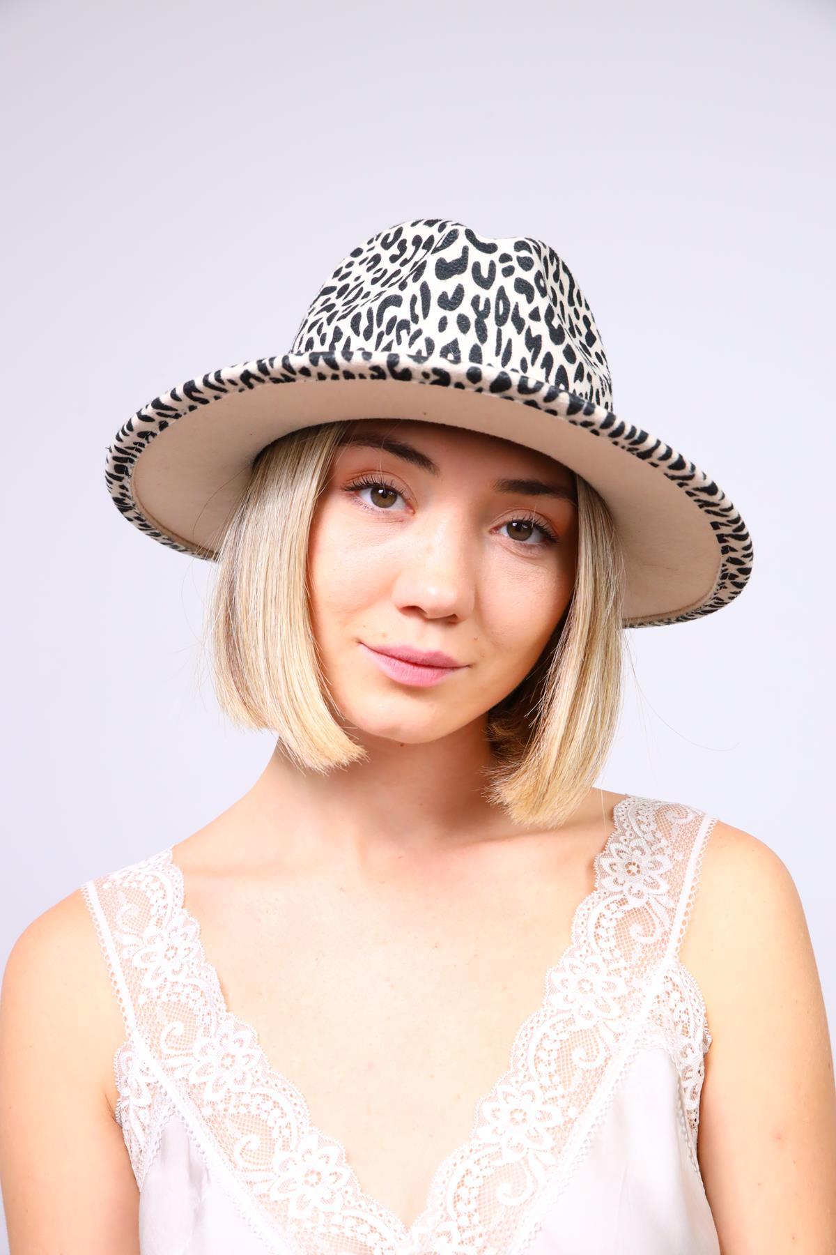 Ekru Leopar Desenli Fötr Şapka - Şaman Butik Ekru Leopar Desenli Fötr Şapka
