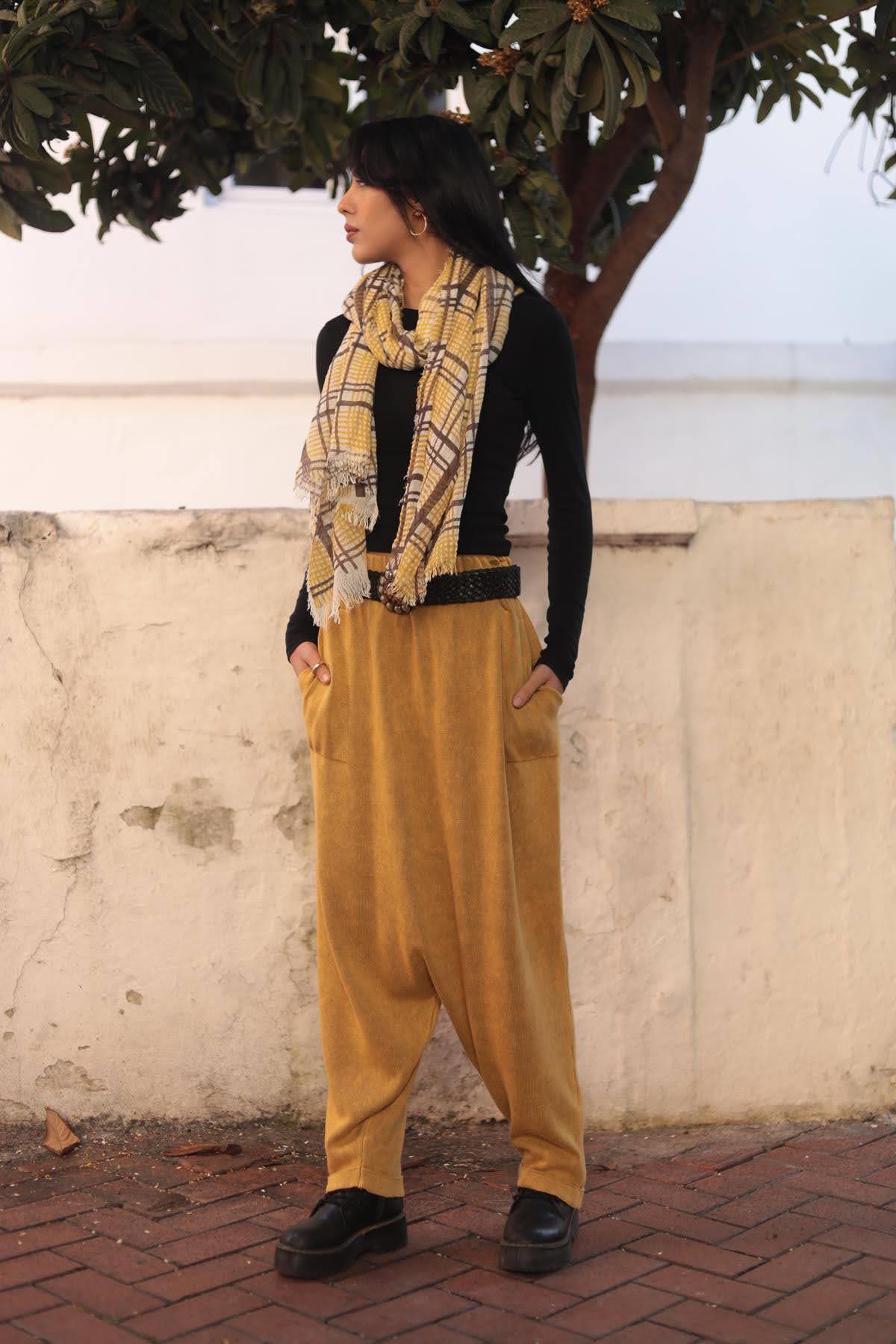 Hardal Rengi Yıkamalı Triko Şalvar